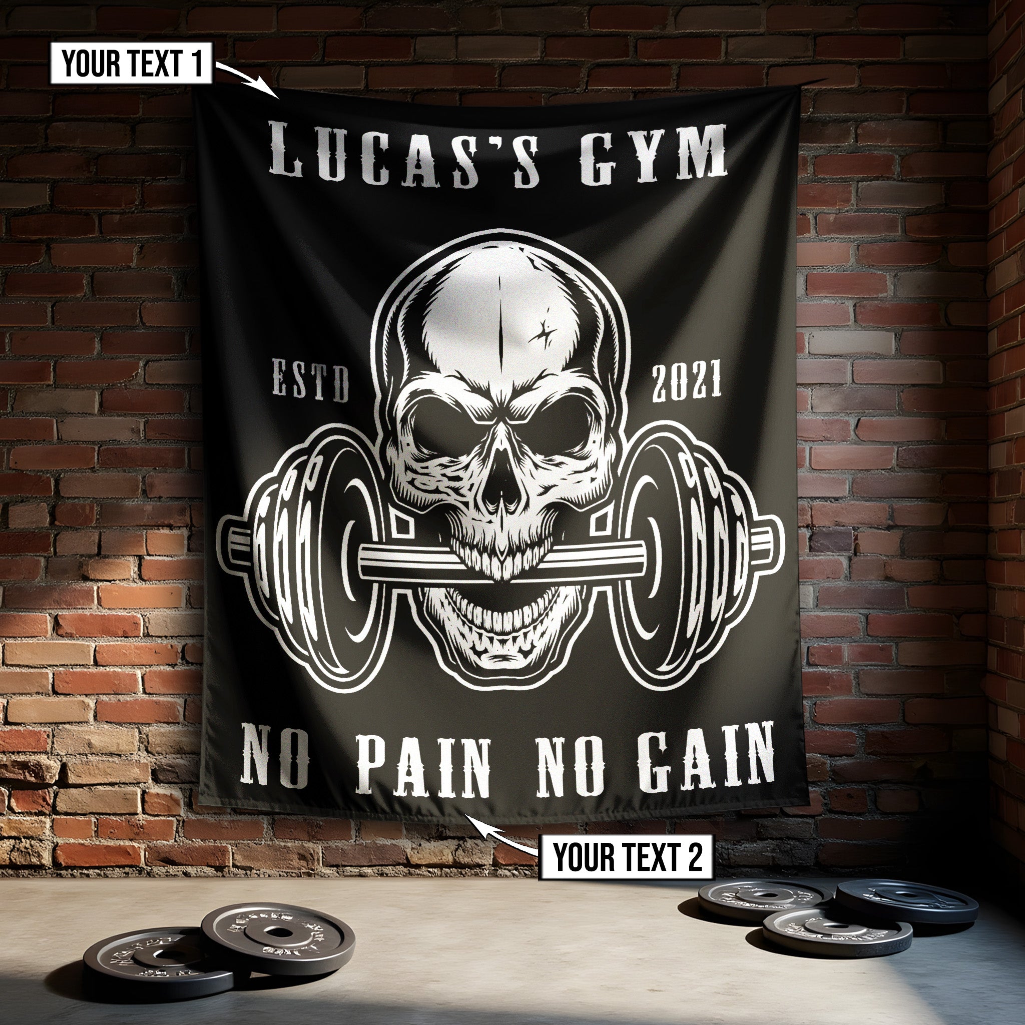 Personalized Bodybuilding Home Gym Decor Skull Dumbbell Wall Banner Flag 09880