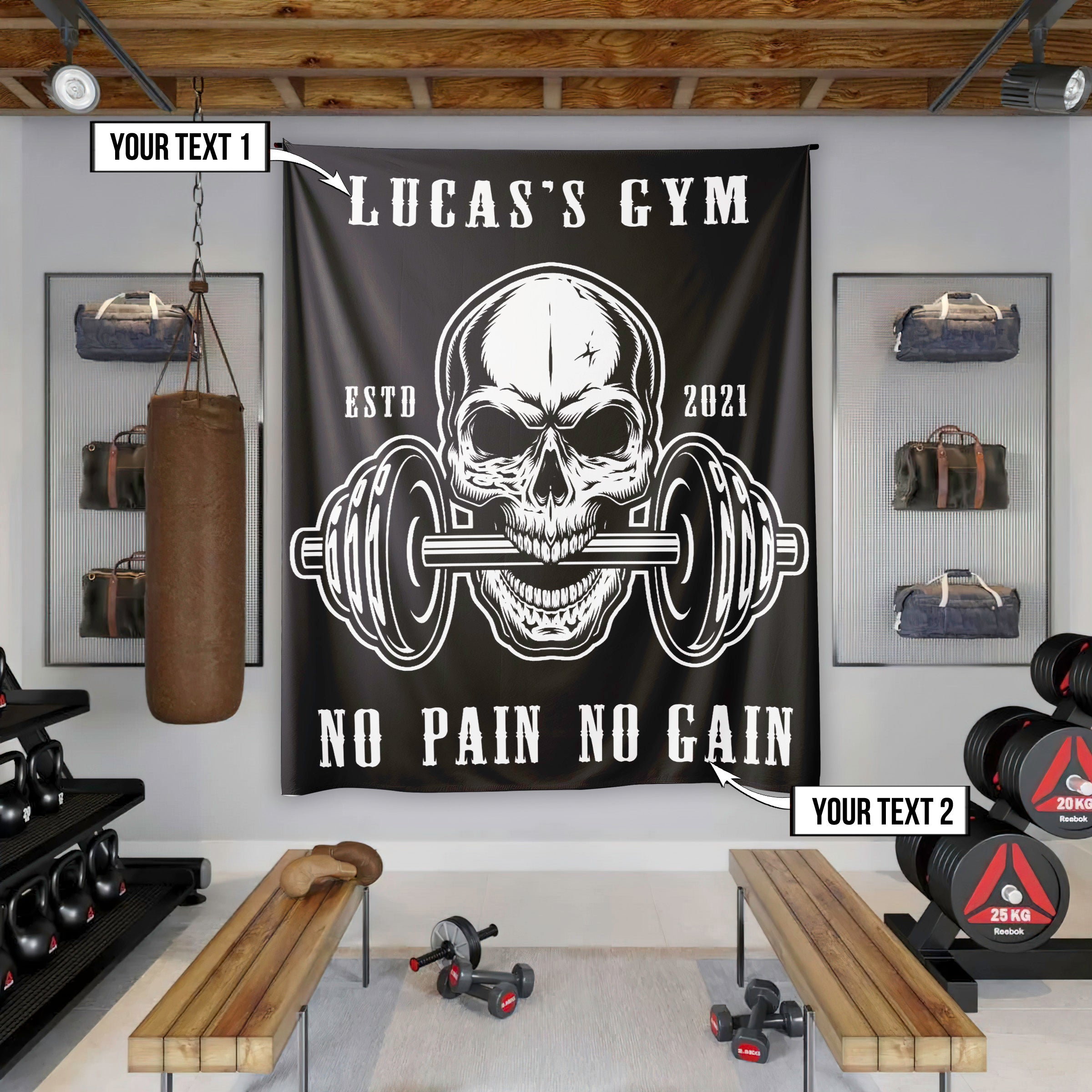 Personalized Bodybuilding Home Gym Decor Skull Dumbbell Wall Banner Flag 09880