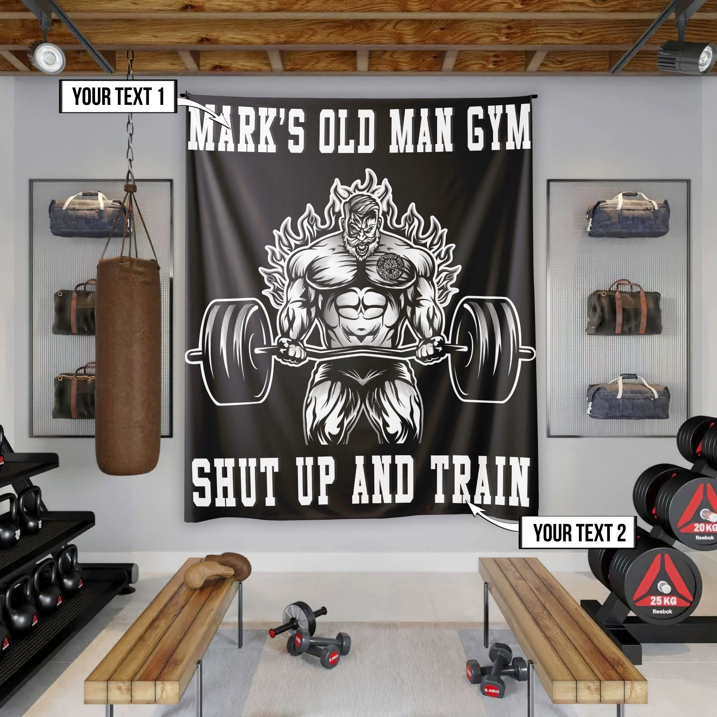 Personalized Old Man Bodybuilding Flag Tapestry Home Gym Decor Weightlifting Gift 10213