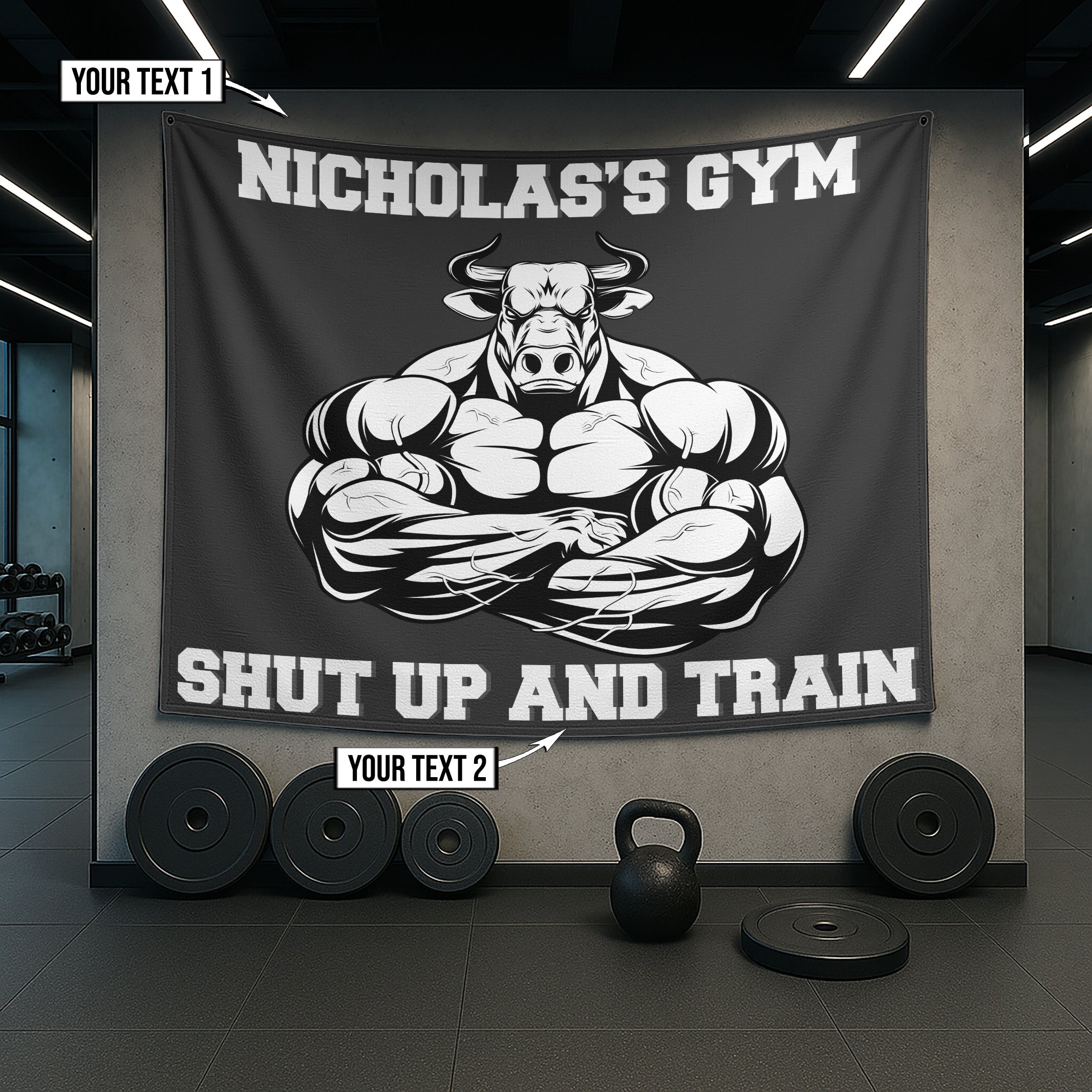 Personalized Home Gym Decor Muscle Strong Bull Banner Flag 10345
