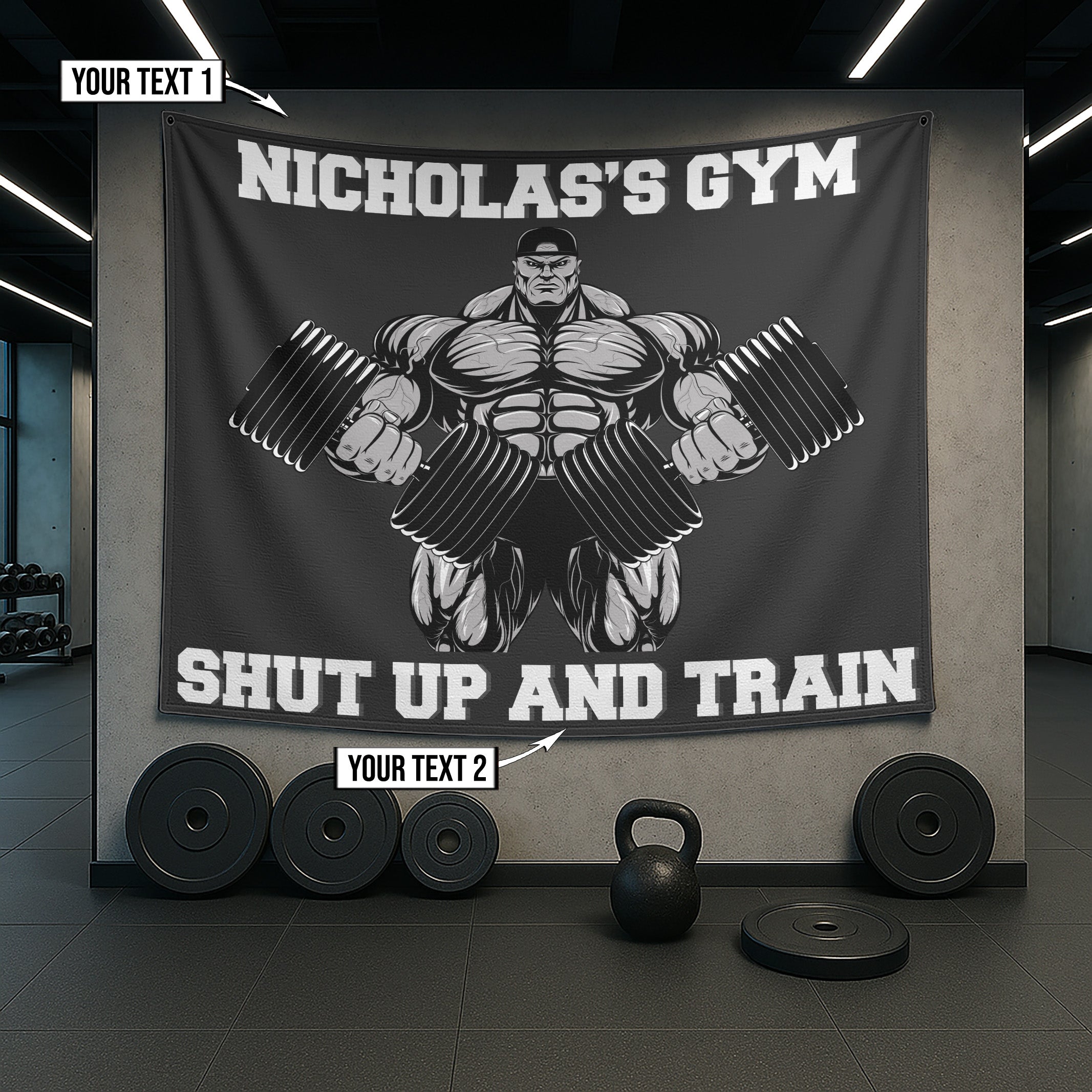 Personalized Home Gym Decor Muscle Man Dumbbell Bodybuilding Banner Flag 10346