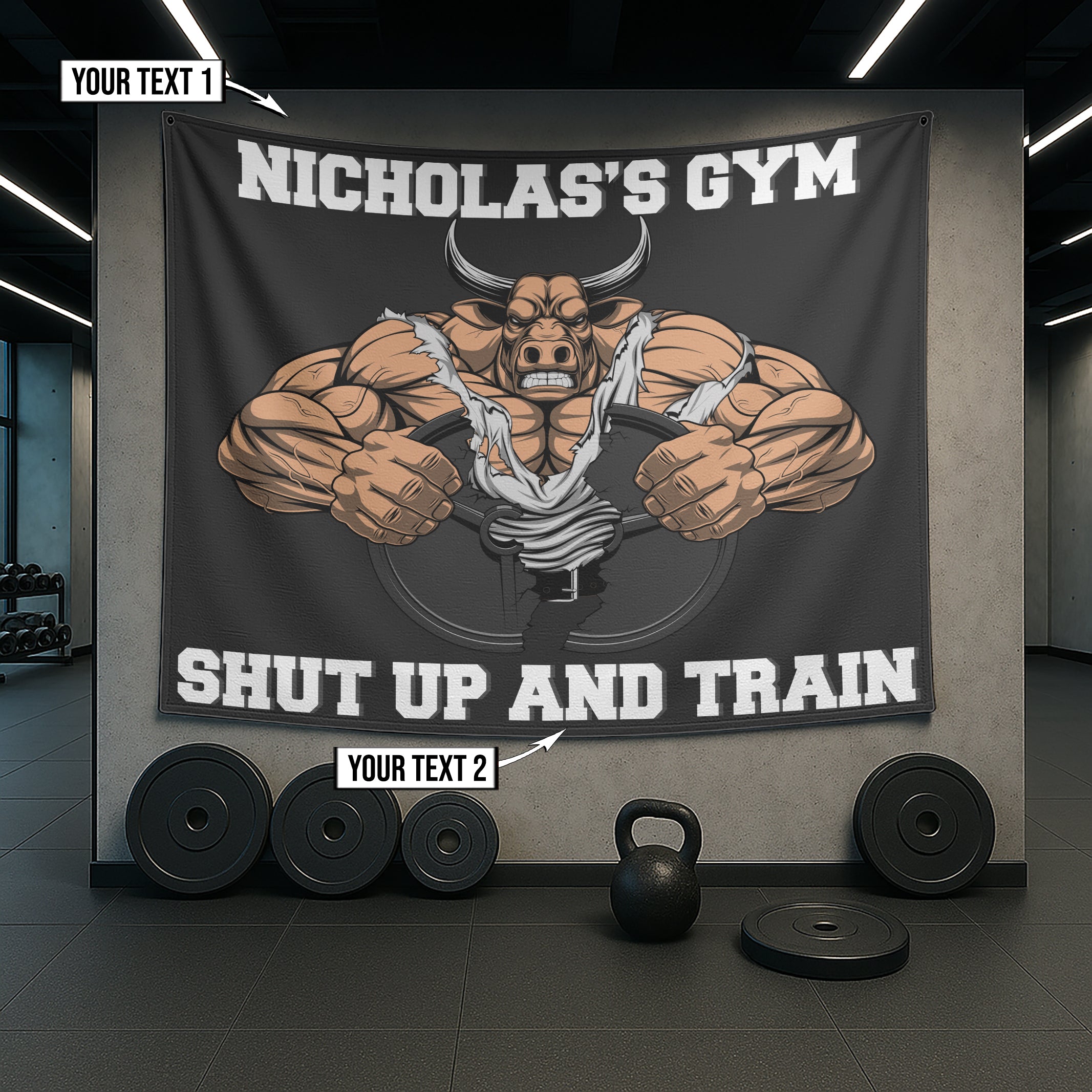 Personalized Muscle Bull Gym Banner Tapestry For Garage Gym 10347