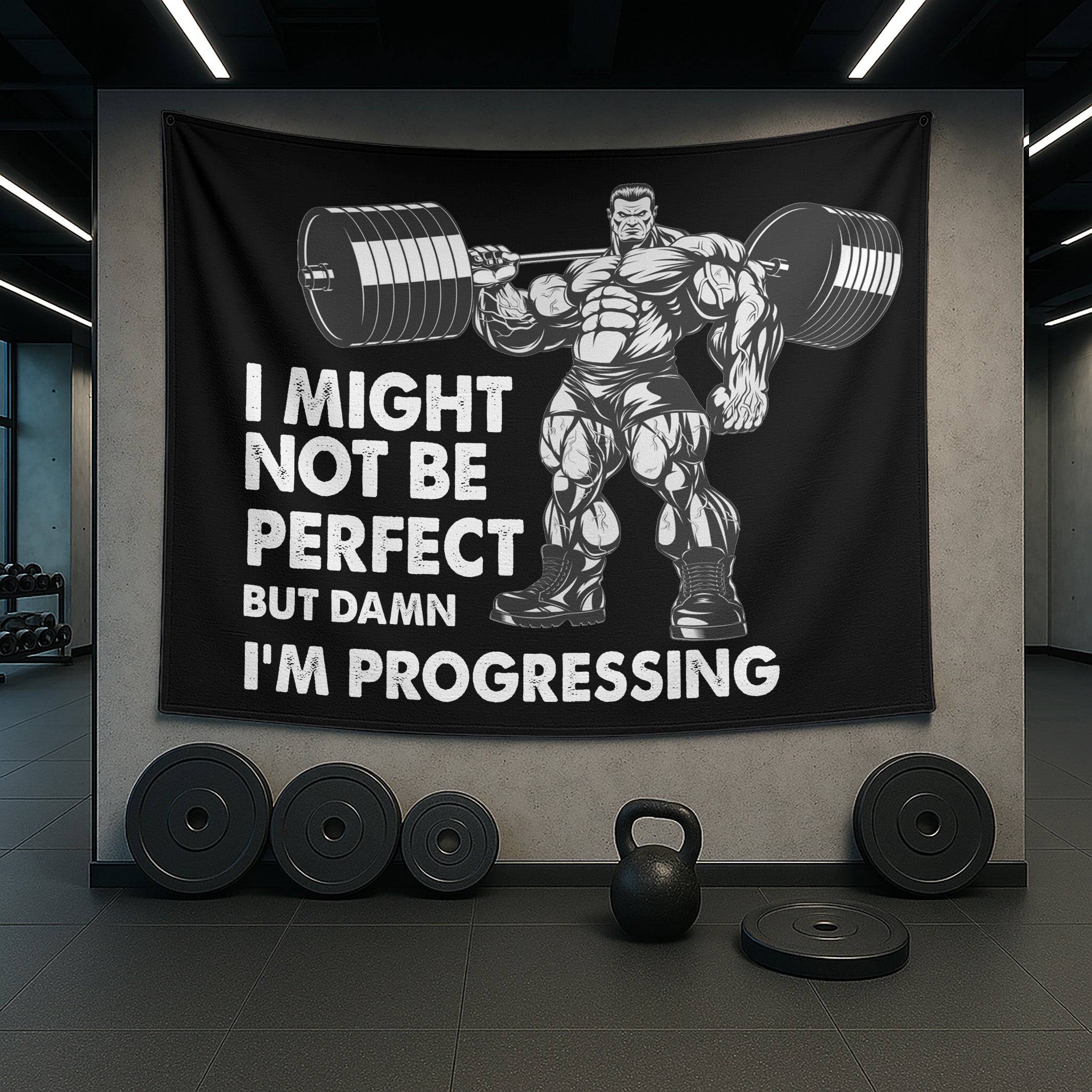 Motivational Quotes Muscular Man Barbell Banner Flag For Home Gym Decor 10621