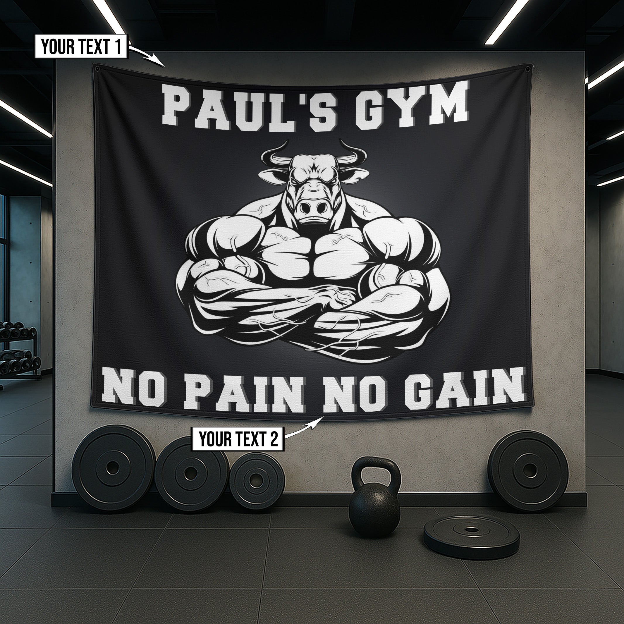 Personalised Gym Banner Flag Home Gym Bull Custom Name Motivational  10679