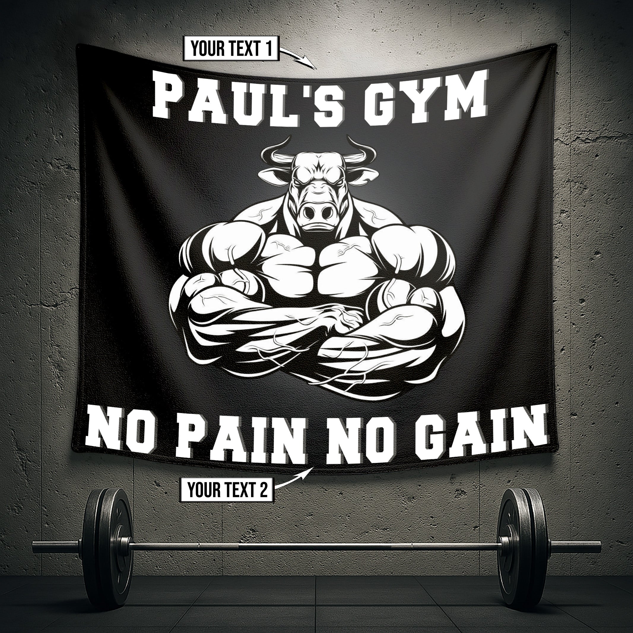 Personalised Gym Banner Flag Home Gym Bull Custom Name Motivational  10679