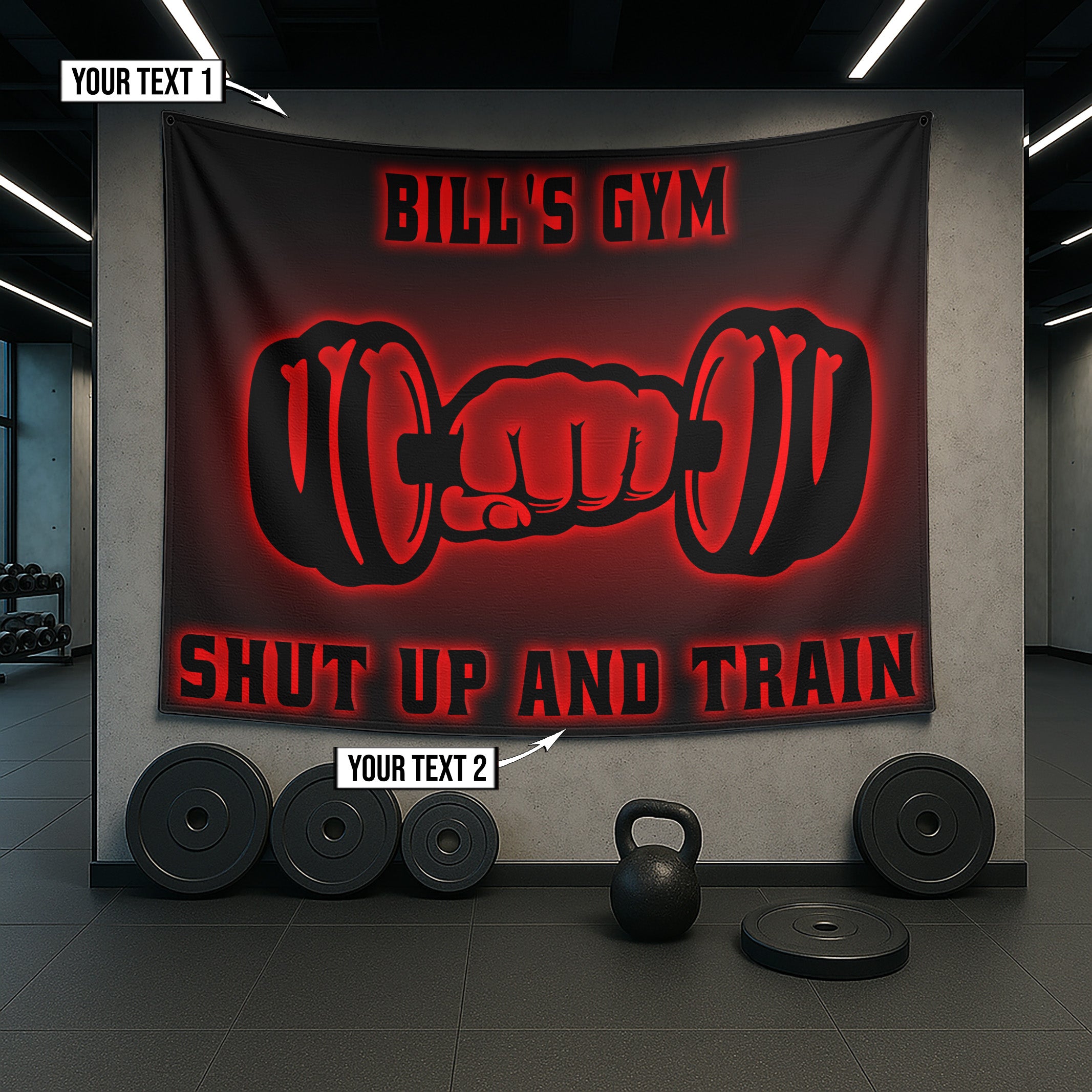 Personalized Dumbbell Weightlifting Flags Motivational Banner 10699