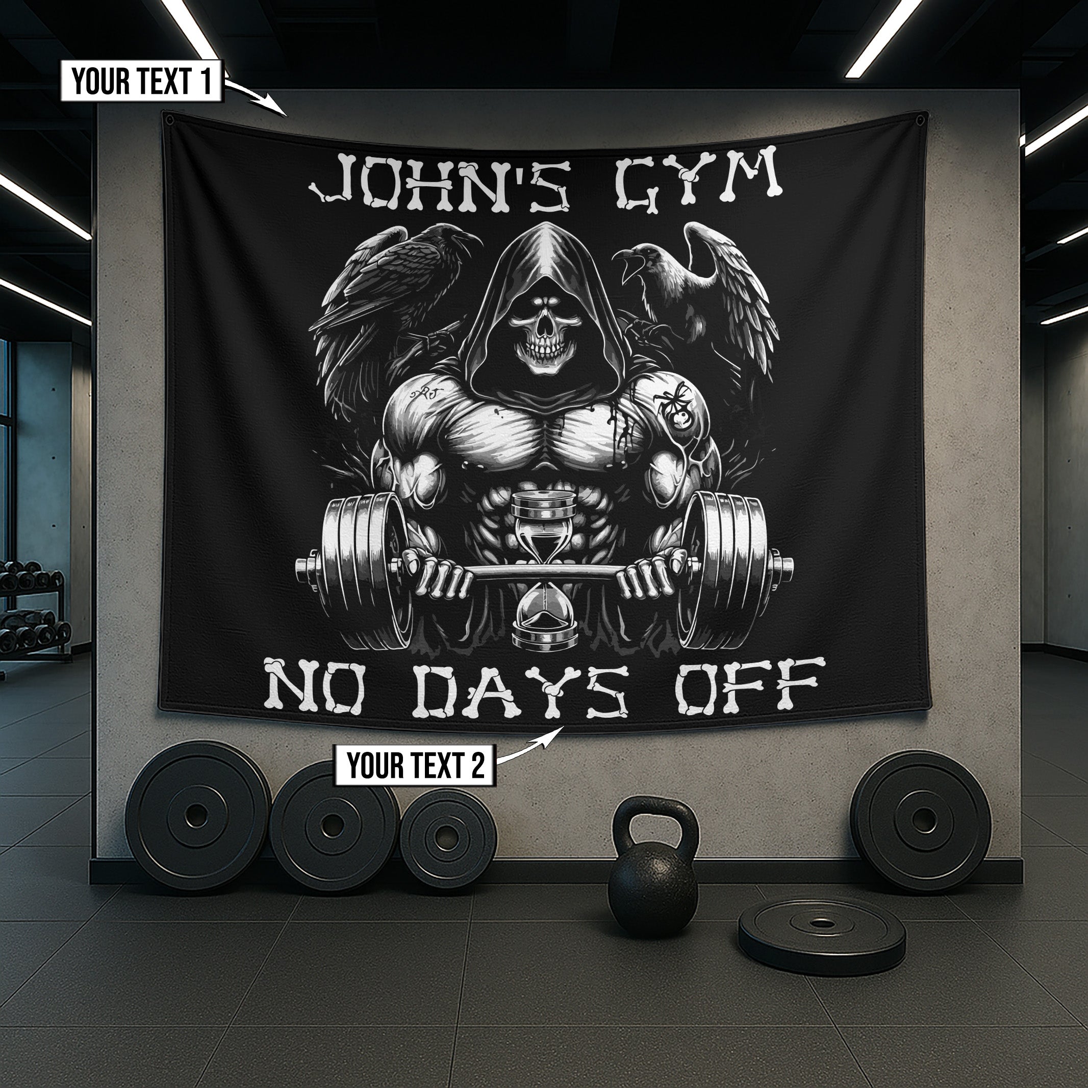 Personalized Gym Flag Banner Gothic Grim Reaper Lifting NO DAYS OFF 11336