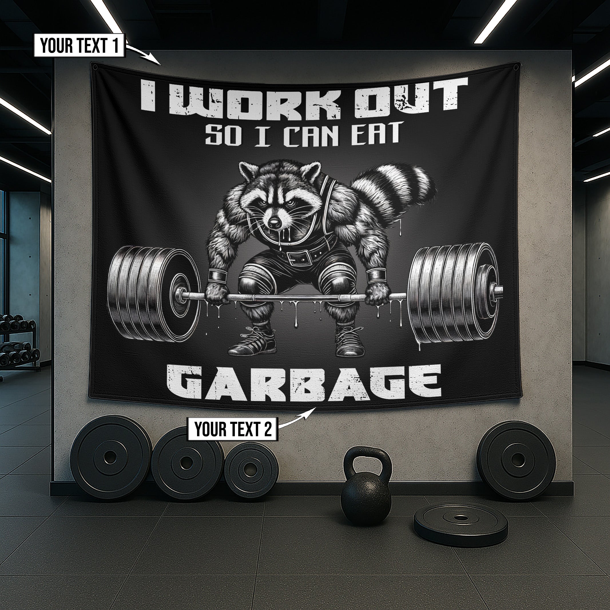 I Work Out So I Can Eat Garbage  Raccoon Weightlifting Flag 11389