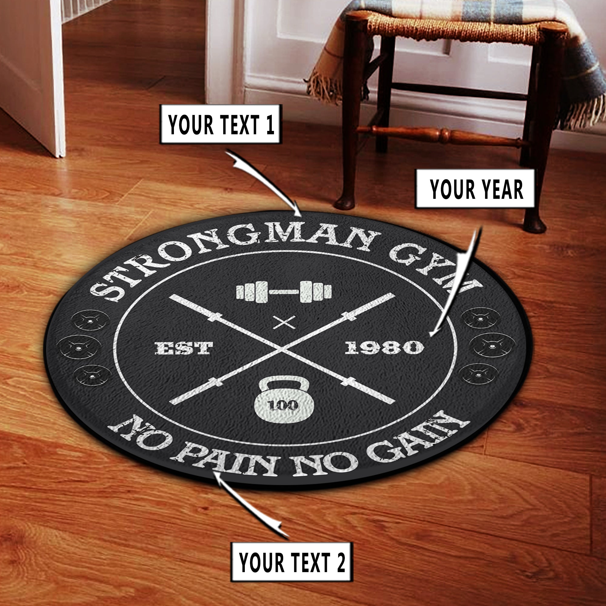 Personalized Strong Man Bodybuilding Home Gym Decor Logo Round Rug, Carpet