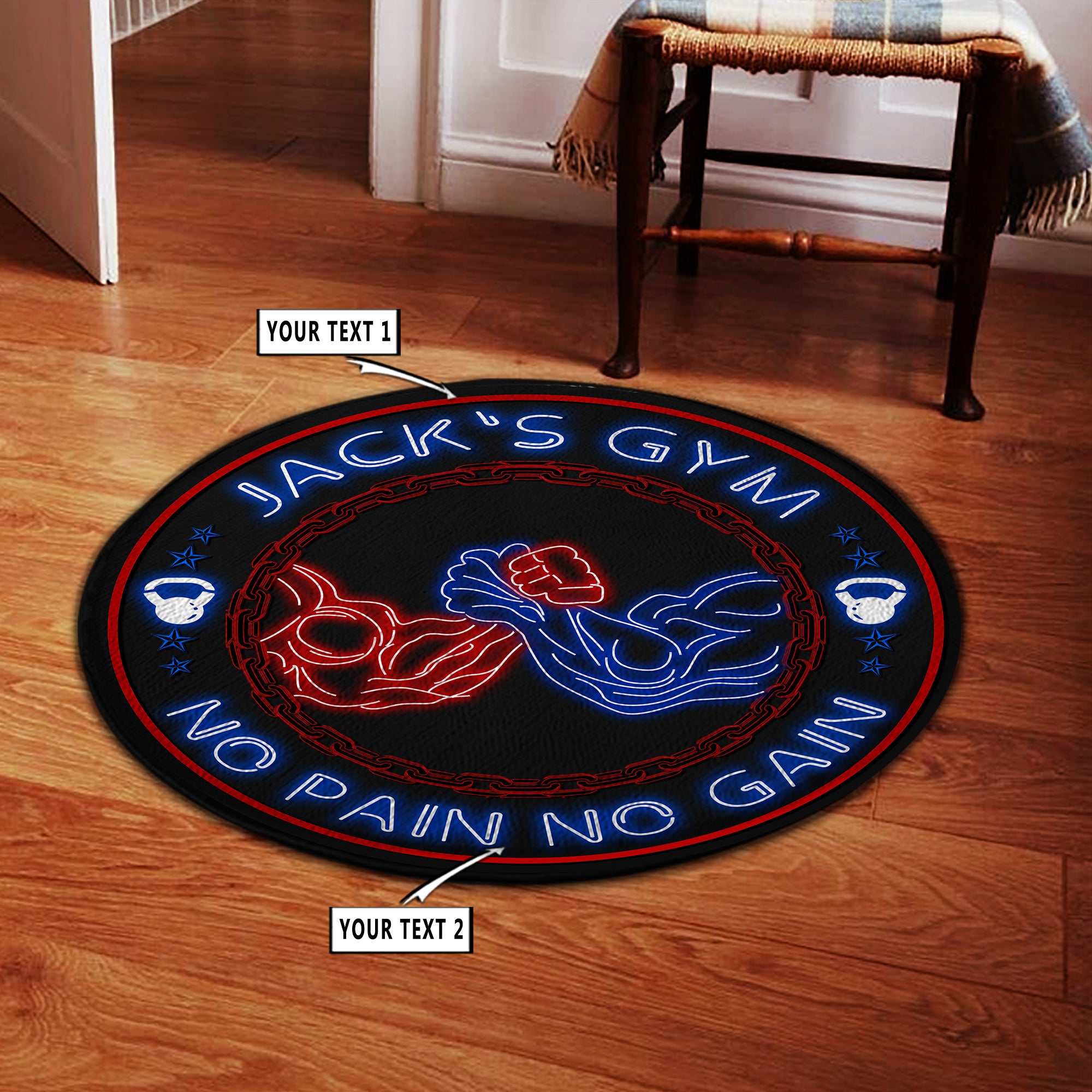 Personalized Neon Effect Home Gym Decor, Motivational Quotes Round Rug, Carpet