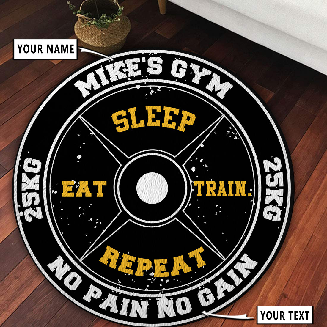 Personalized Home Gym Decor Eat Sleep Train Repeat Weight Plate Round Rug, Carpet