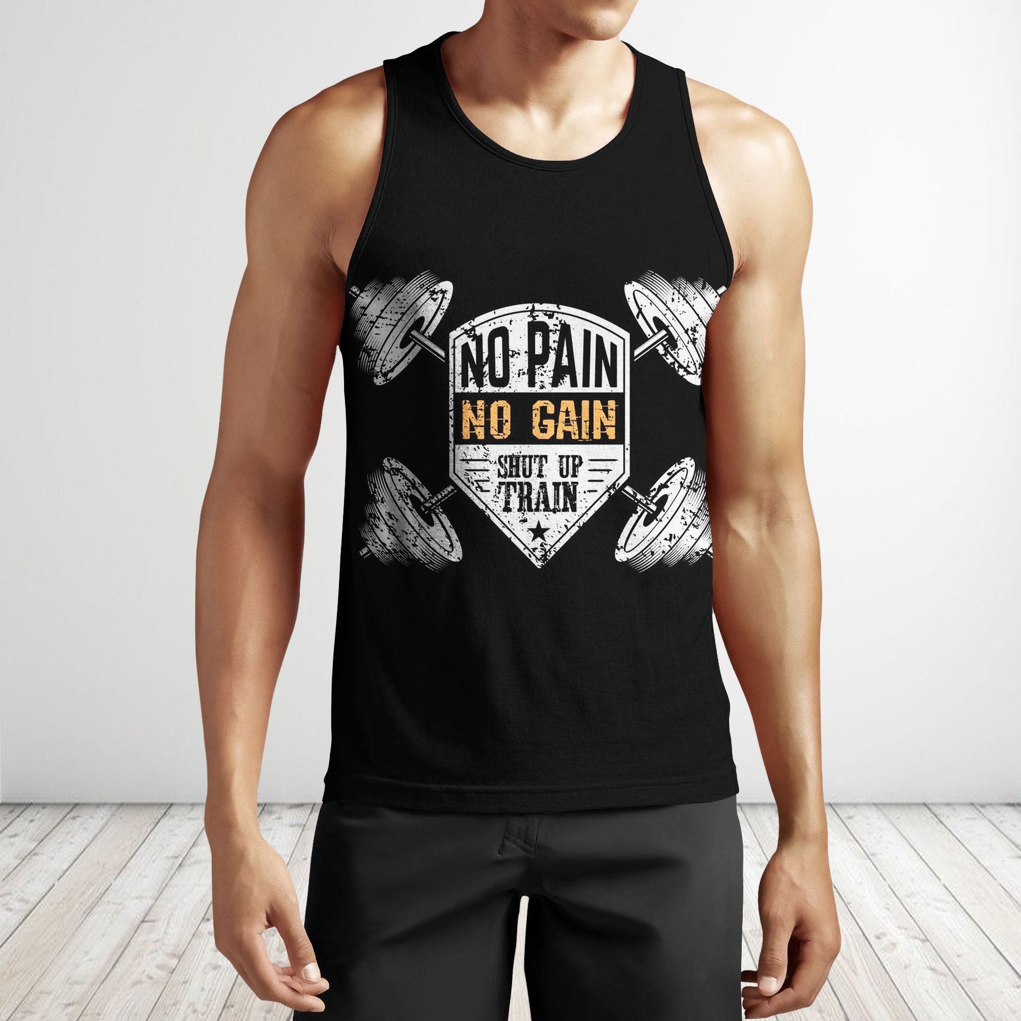 Men Gym Tank Tops Motivational Shirts Barbell No Pain No Gain