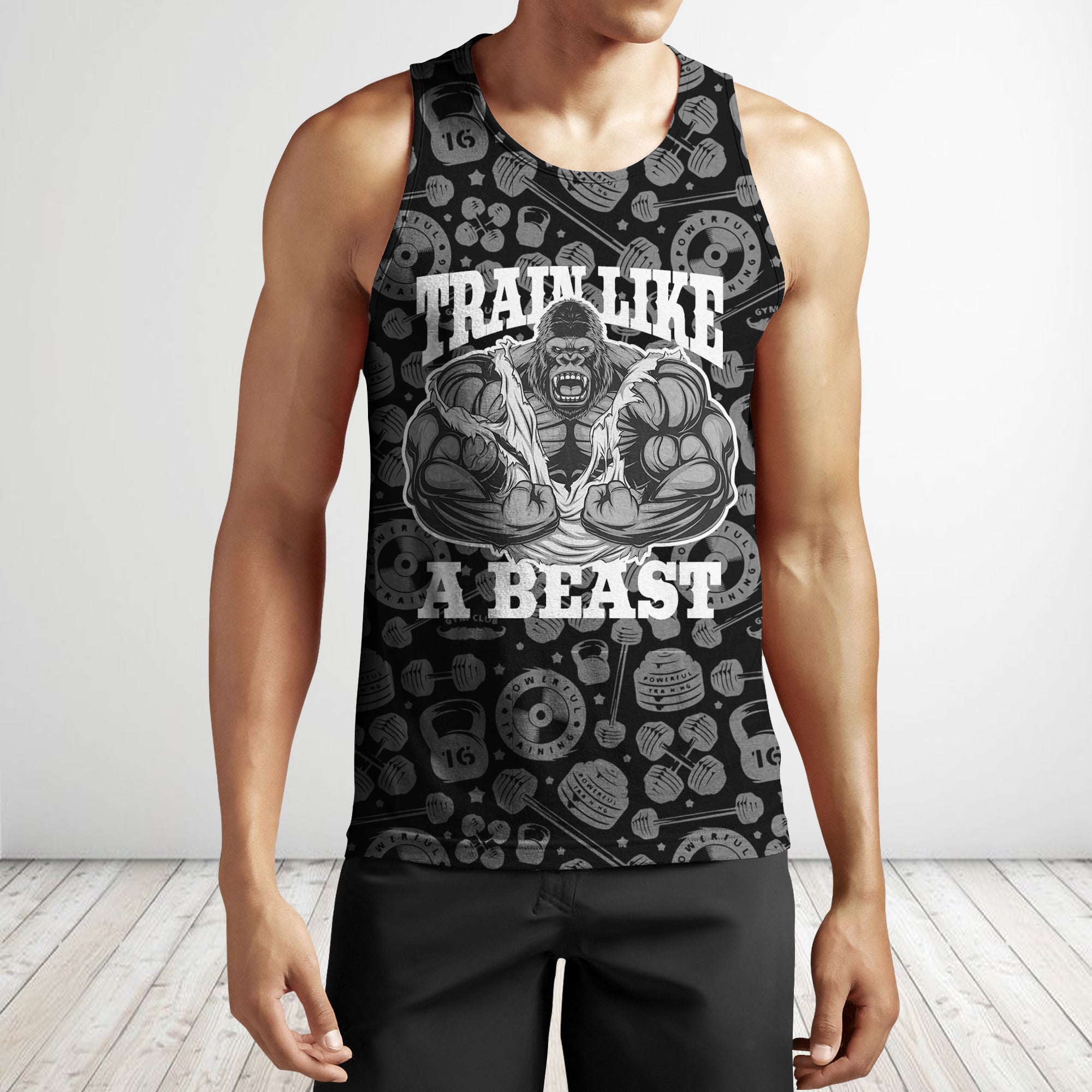 Personalised Men Gym Tank Tops Motivational Shirts Muscle Gorilla Train Like A Beast