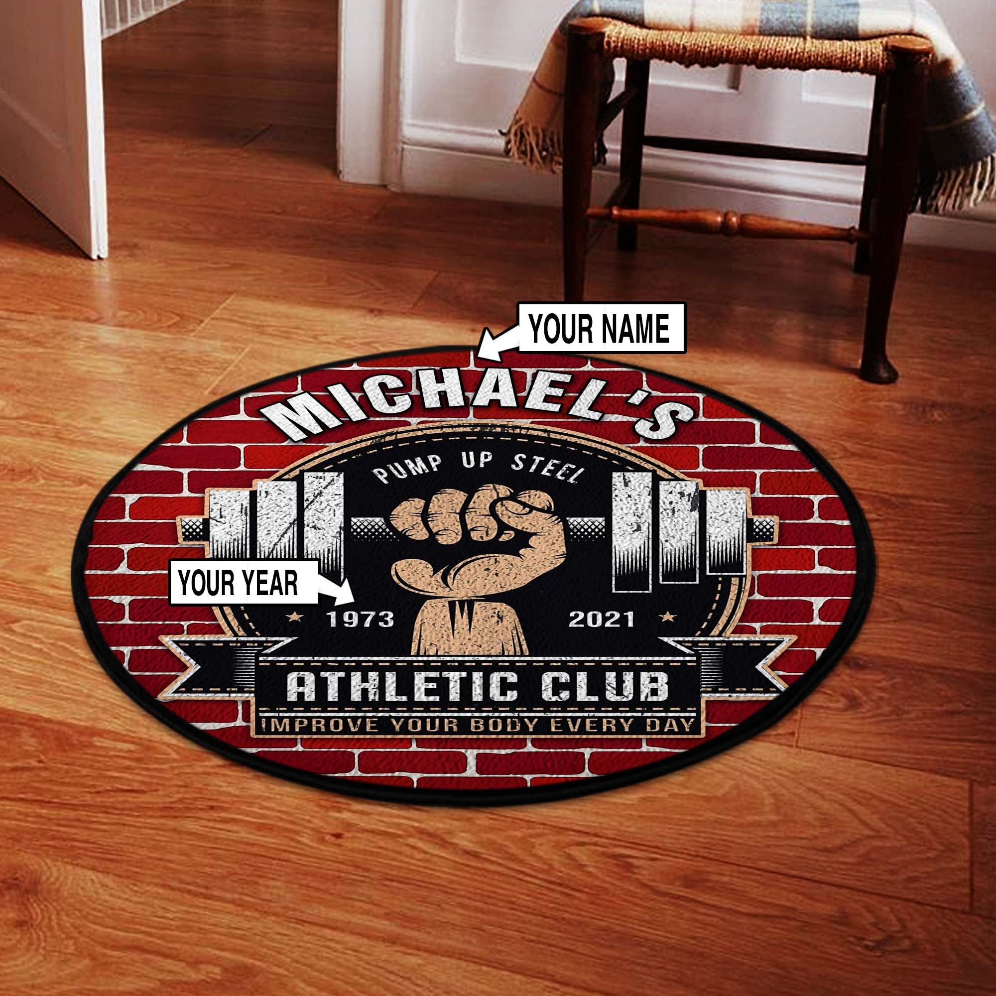 Personalized Fitness Home Gym Decor Athletic Club Round Rug, Carpet