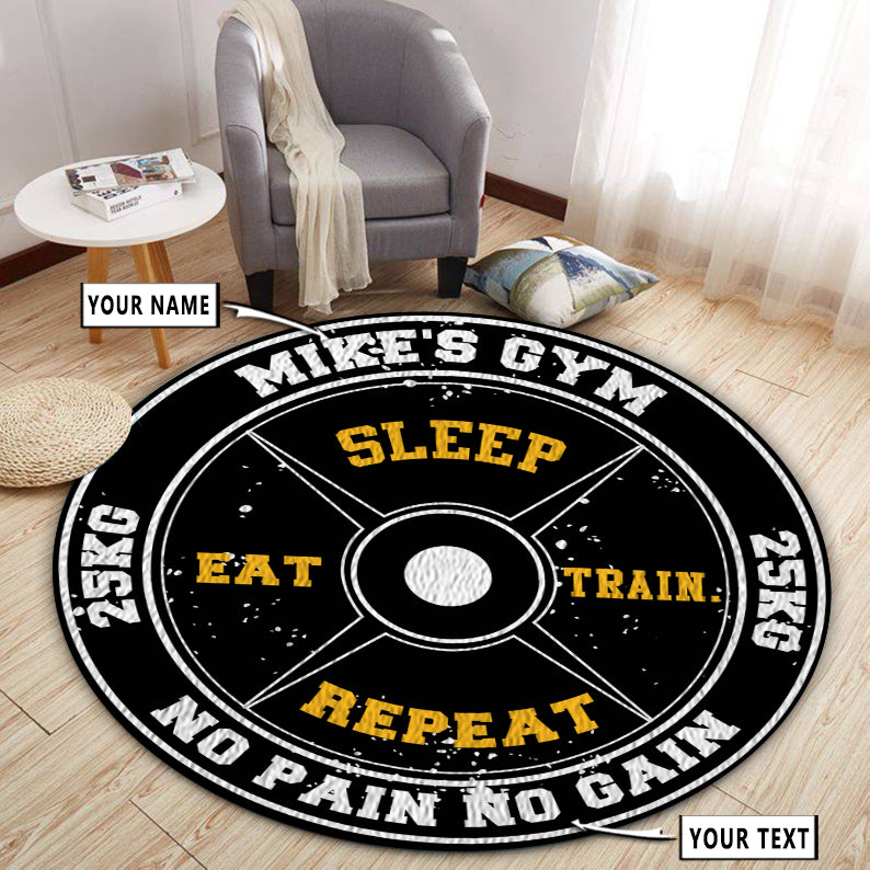 Personalized Home Gym Decor Eat Sleep Train Repeat Weight Plate Round Rug, Carpet