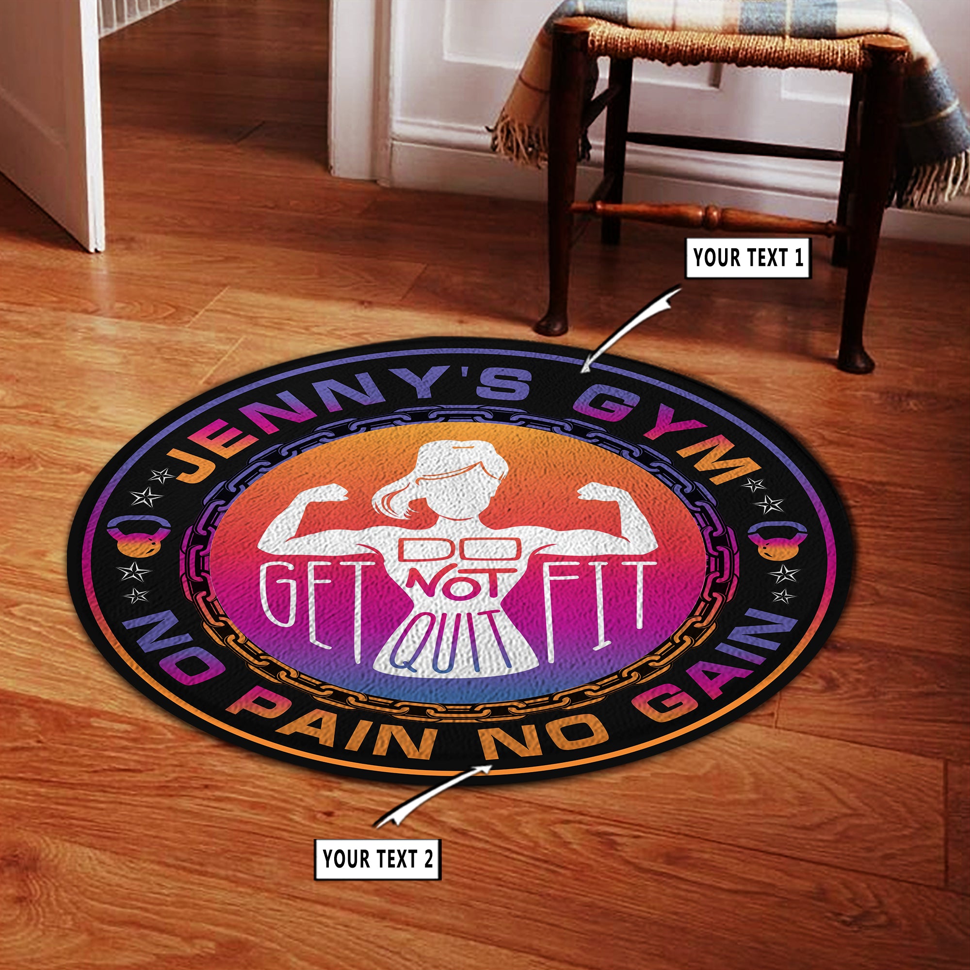 Personalized Womens Fitness Home Gym Decor Motivational Quotes Round Rug, Carpet