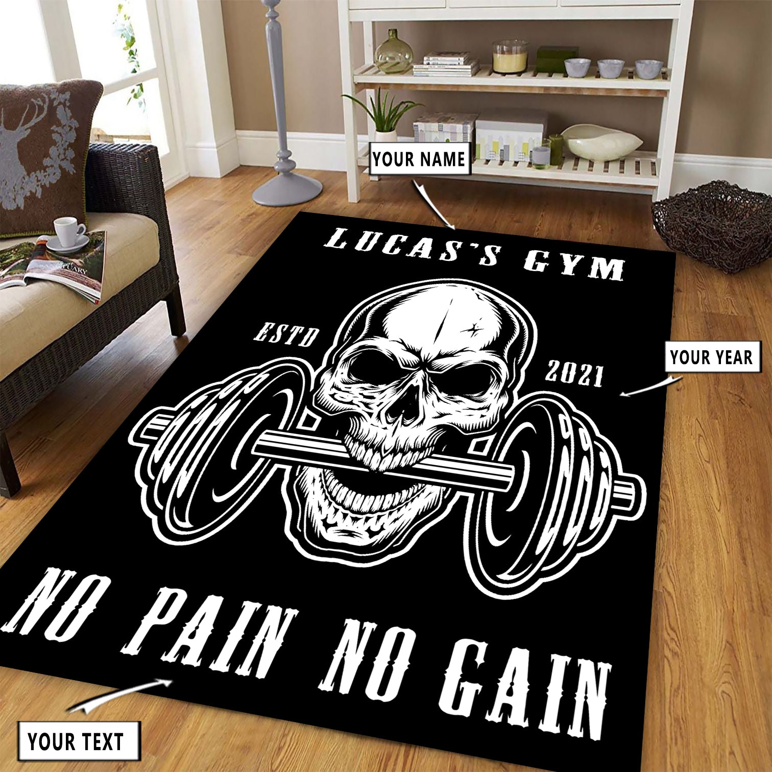 Personalized Bodybuilding Rug Home Gym Decor Skull Dumbbell Bodybuilding Gift