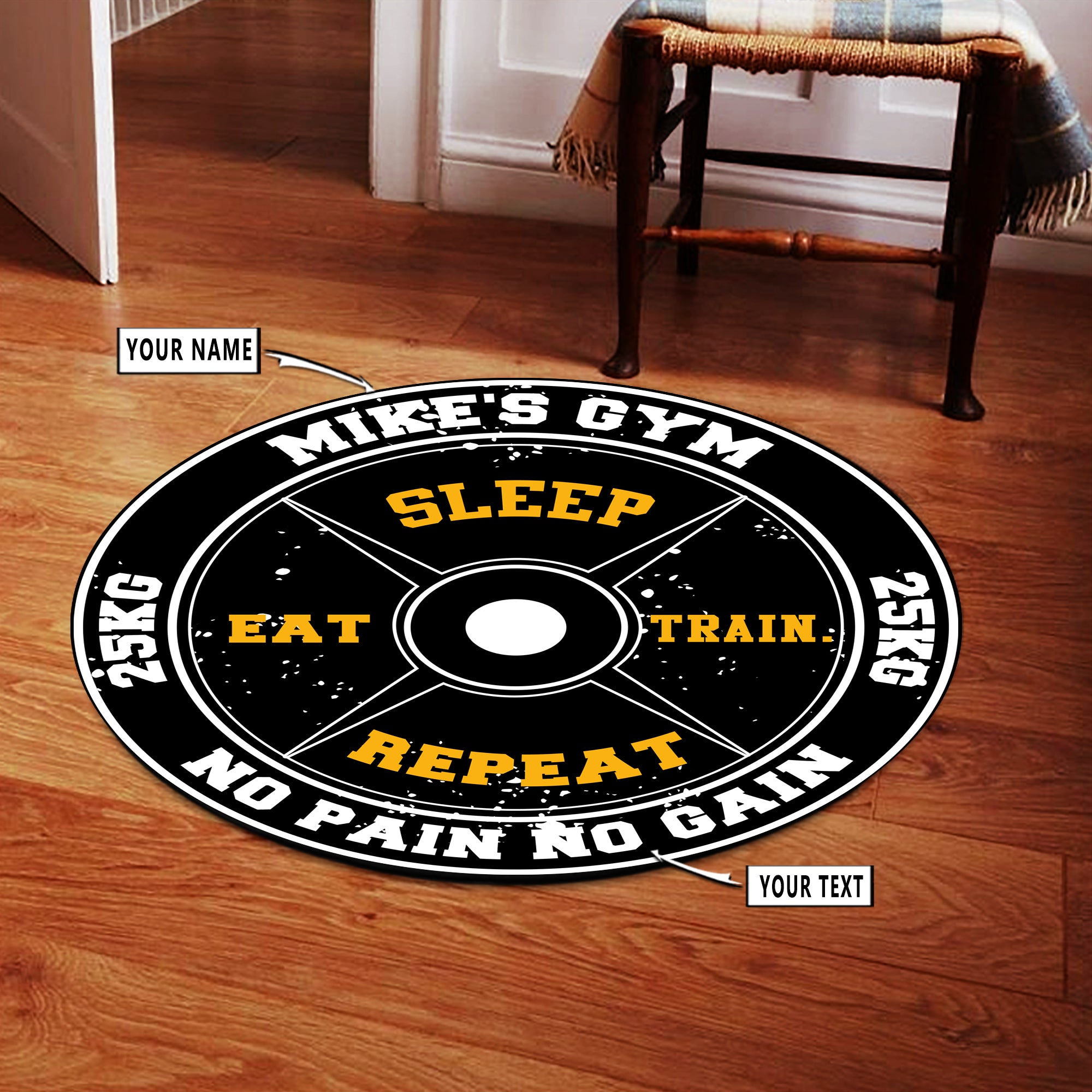 Personalized Home Gym Decor Eat Sleep Train Repeat Weight Plate Round Rug, Carpet