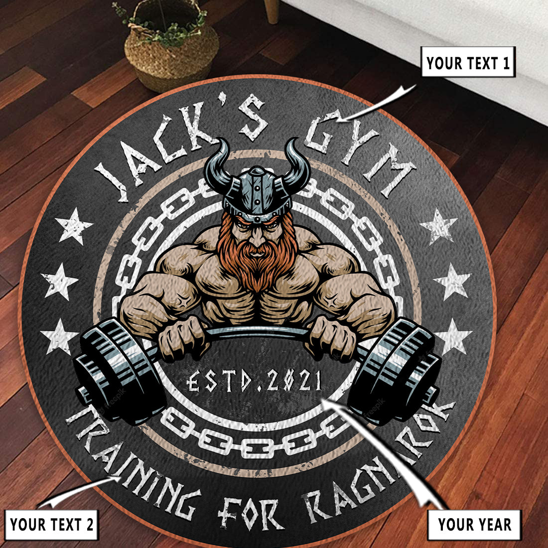Personalized Gym Area Rug For Home Gym, Fitness Club Viking Barbell