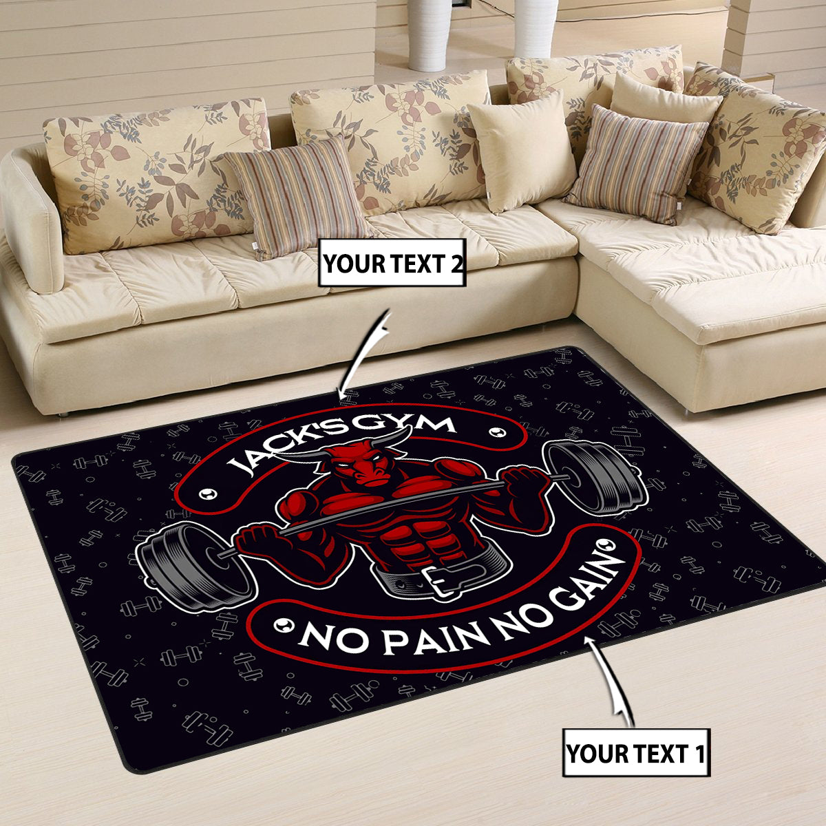 Personalized Gym Rug For Home Gym, Fitness Club Bull Barbell