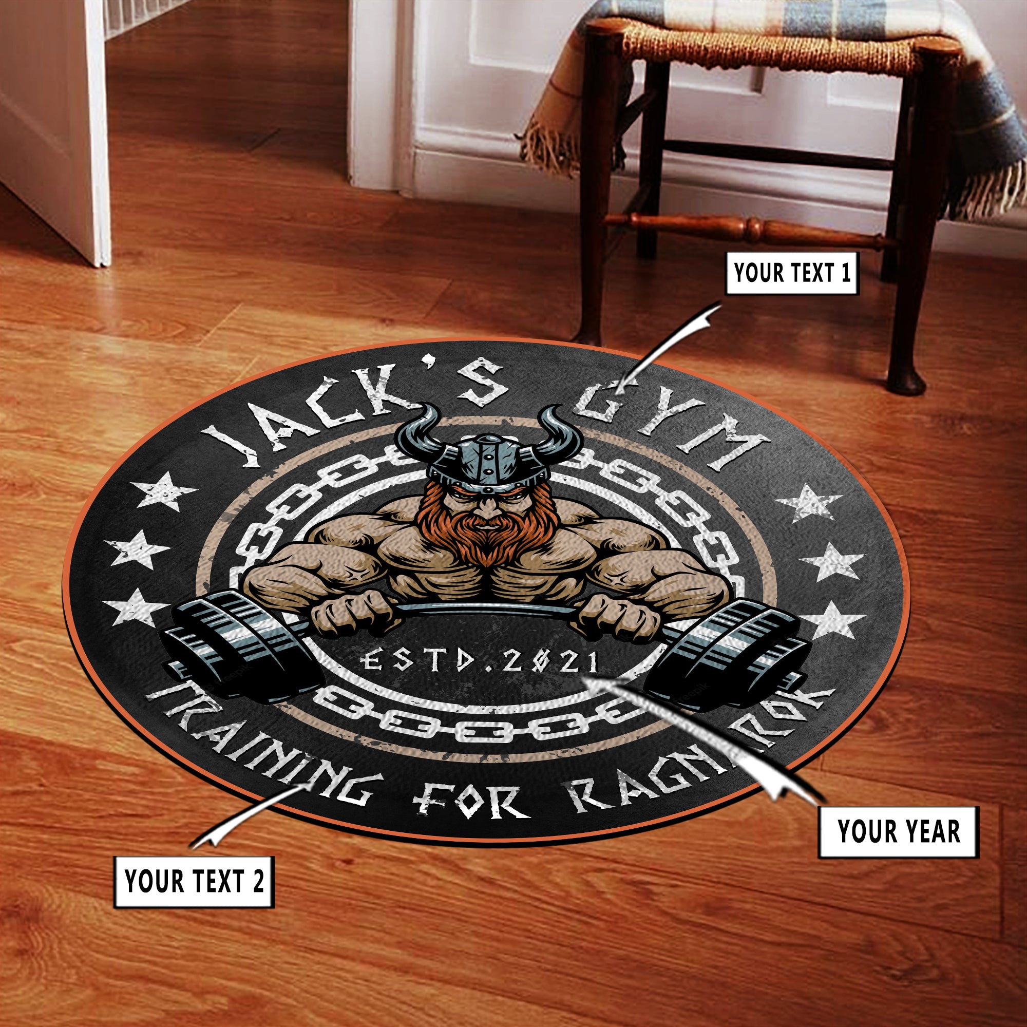 Personalized Gym Area Rug For Home Gym, Fitness Club Viking Barbell