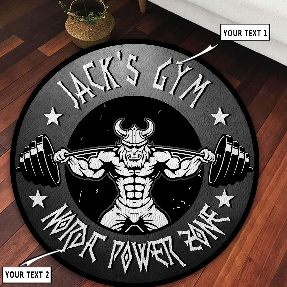 Personalized Gym Round Rug, Carpet For Home Gym, Fitness Club Viking Barbell