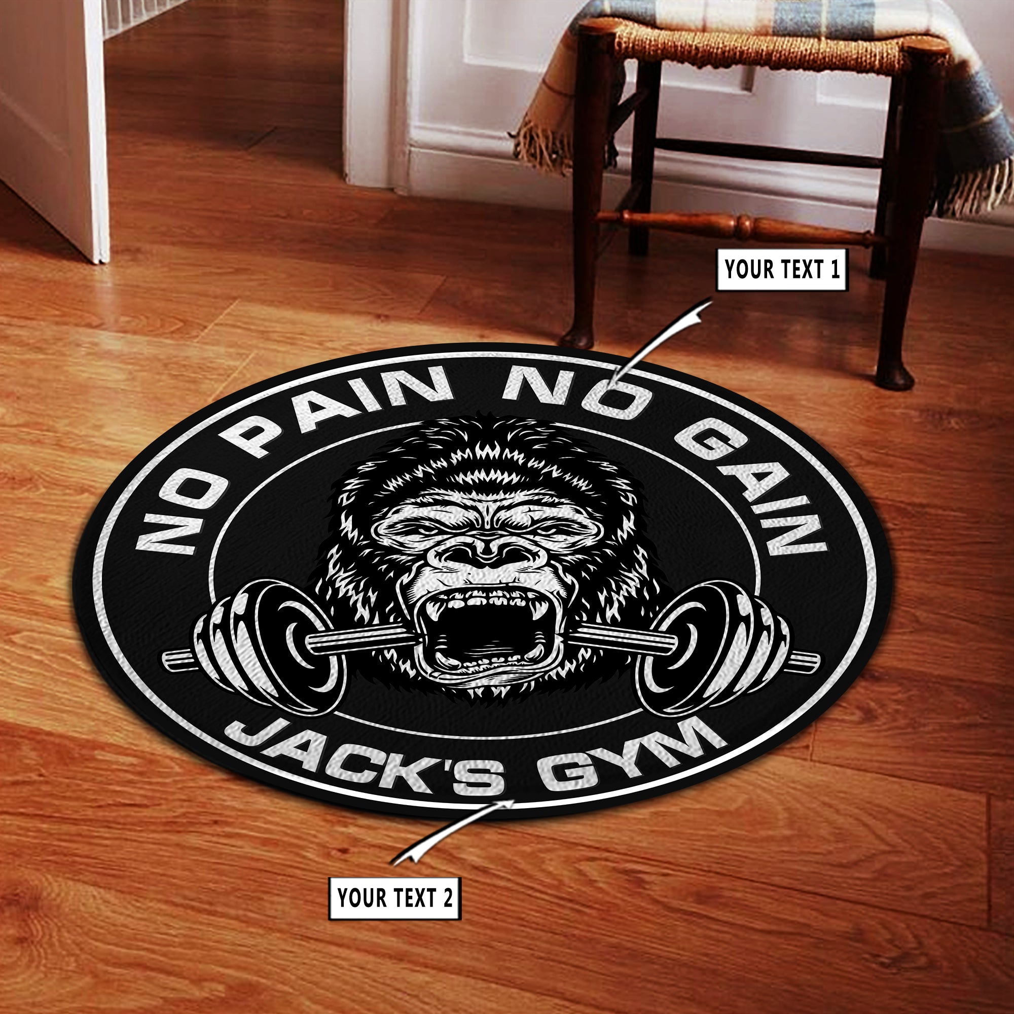 Personalised Gym Round Rug, Home Gym Decor Gorilla No Pain No Gain weightlifting gift