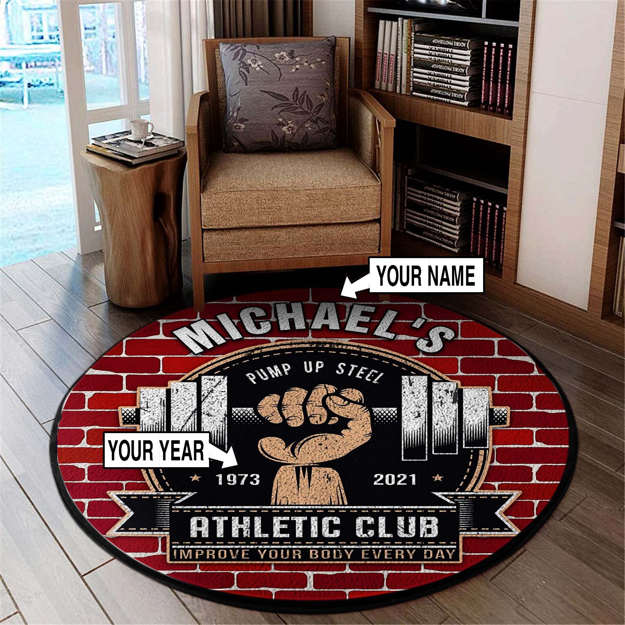 Personalized Fitness Home Gym Decor Athletic Club Round Rug, Carpet