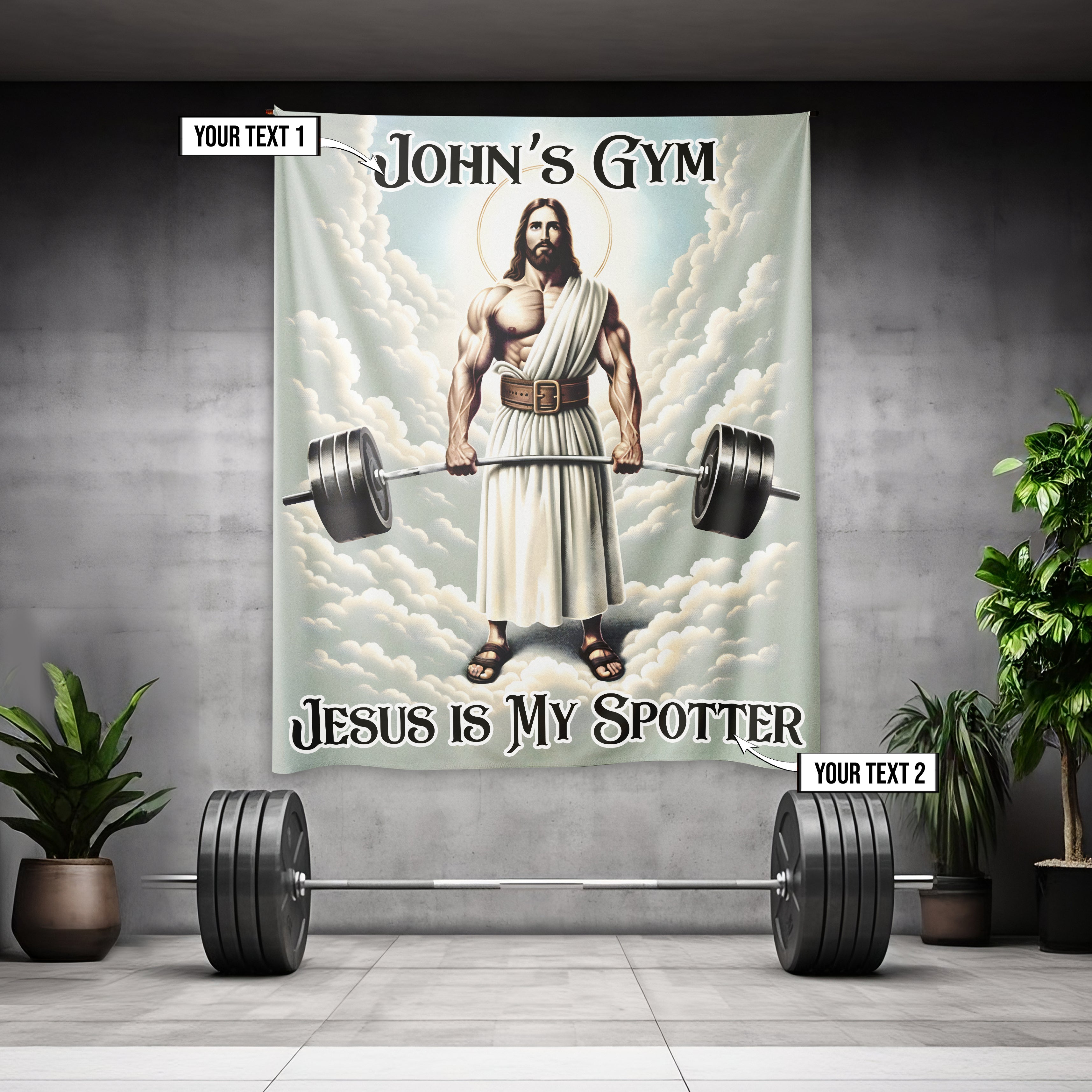 Gym Banner Jesus is My Spotter with Barbell and Lifting Belt 11306