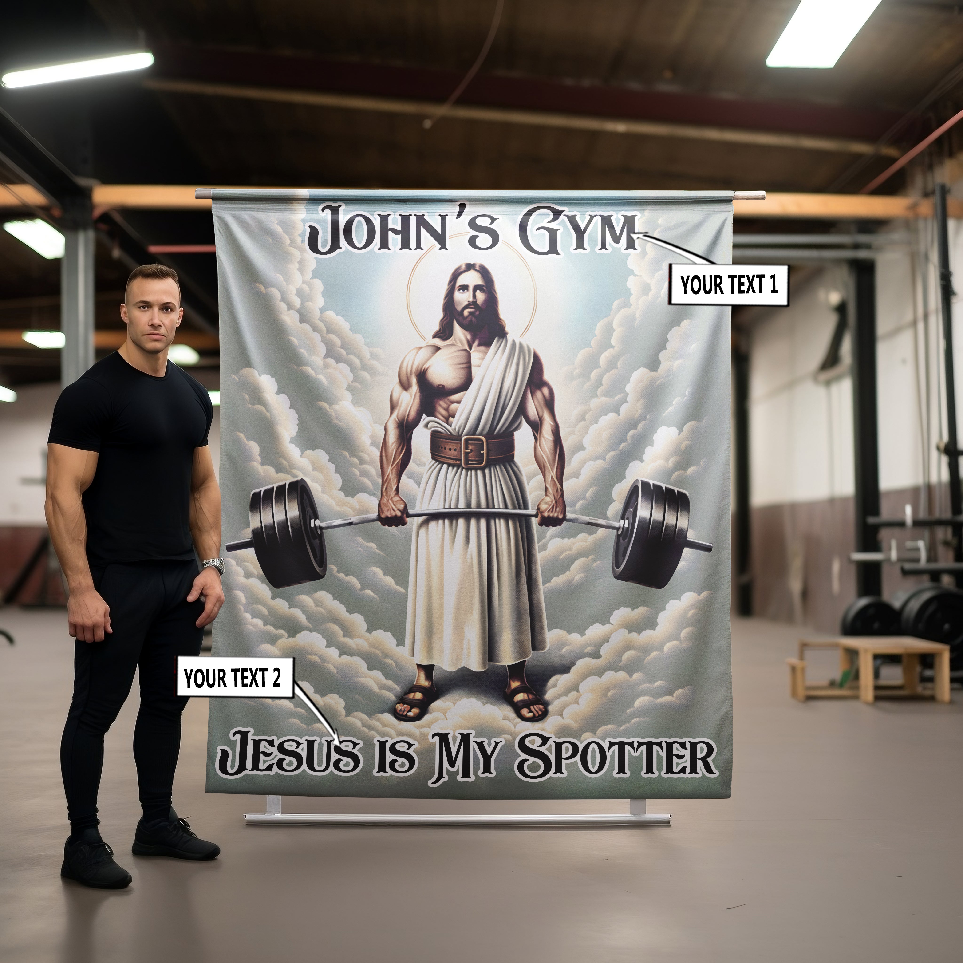 Gym Banner Jesus is My Spotter with Barbell and Lifting Belt 11306