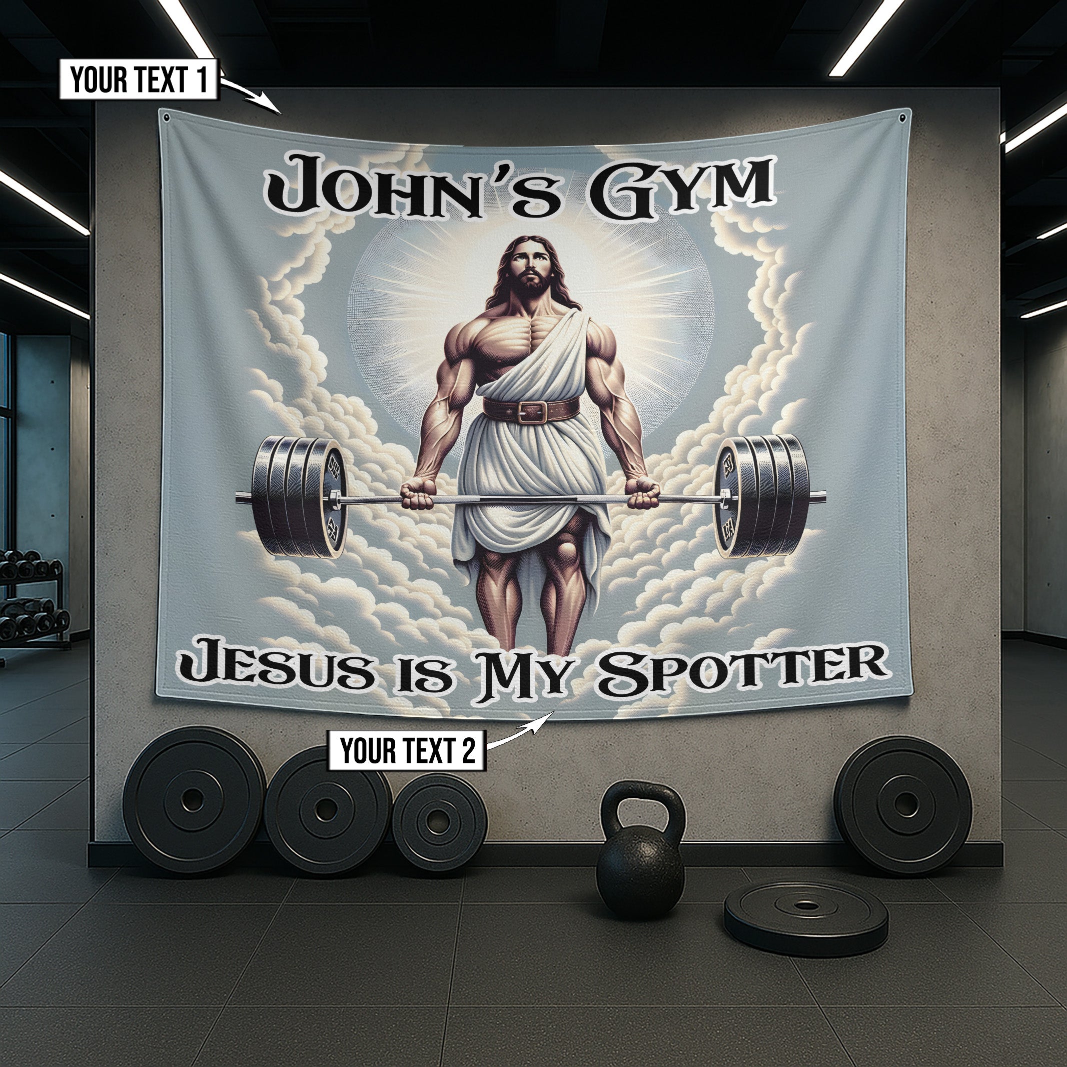 Gym Banner Jesus is My Spotter with Barbell and Lifting Belt Best Fitness Gifts 11307