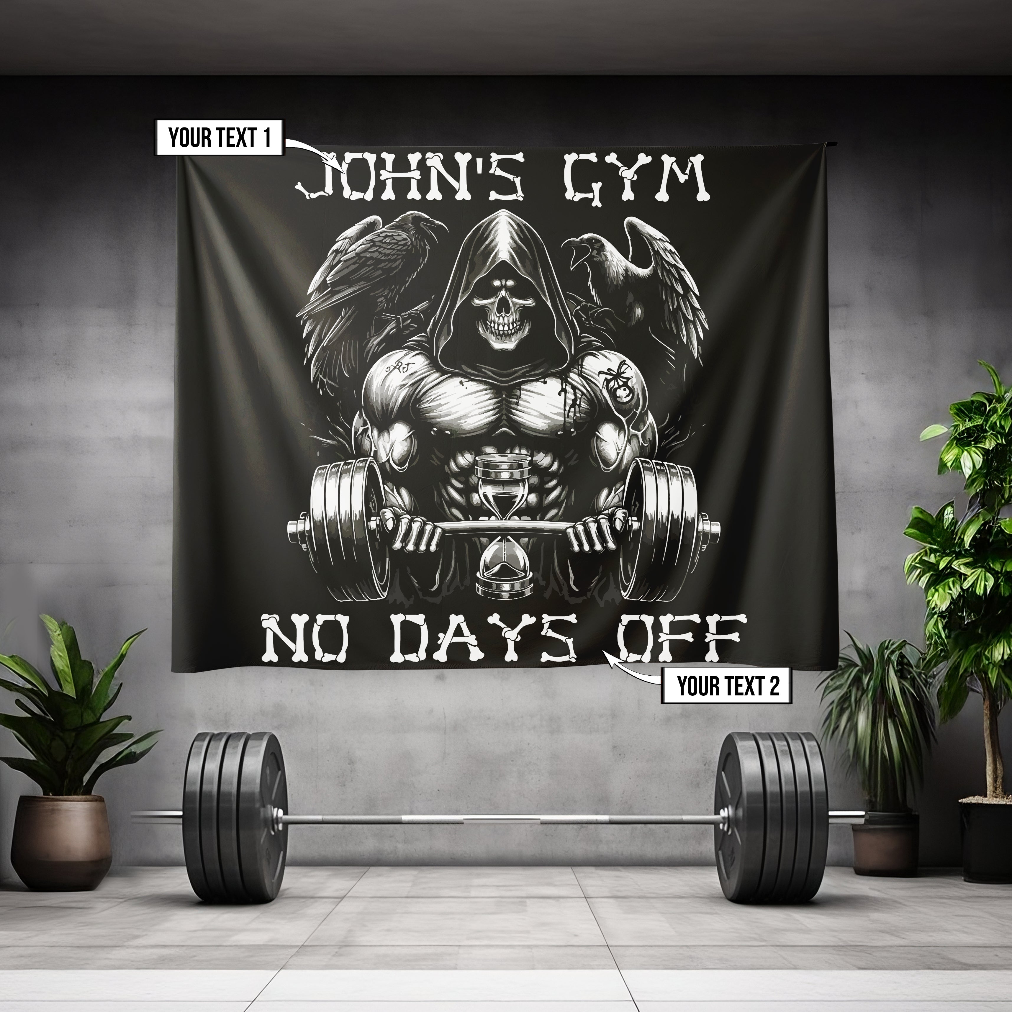 Personalized Gym Flag Banner Gothic Grim Reaper Lifting NO DAYS OFF 11336