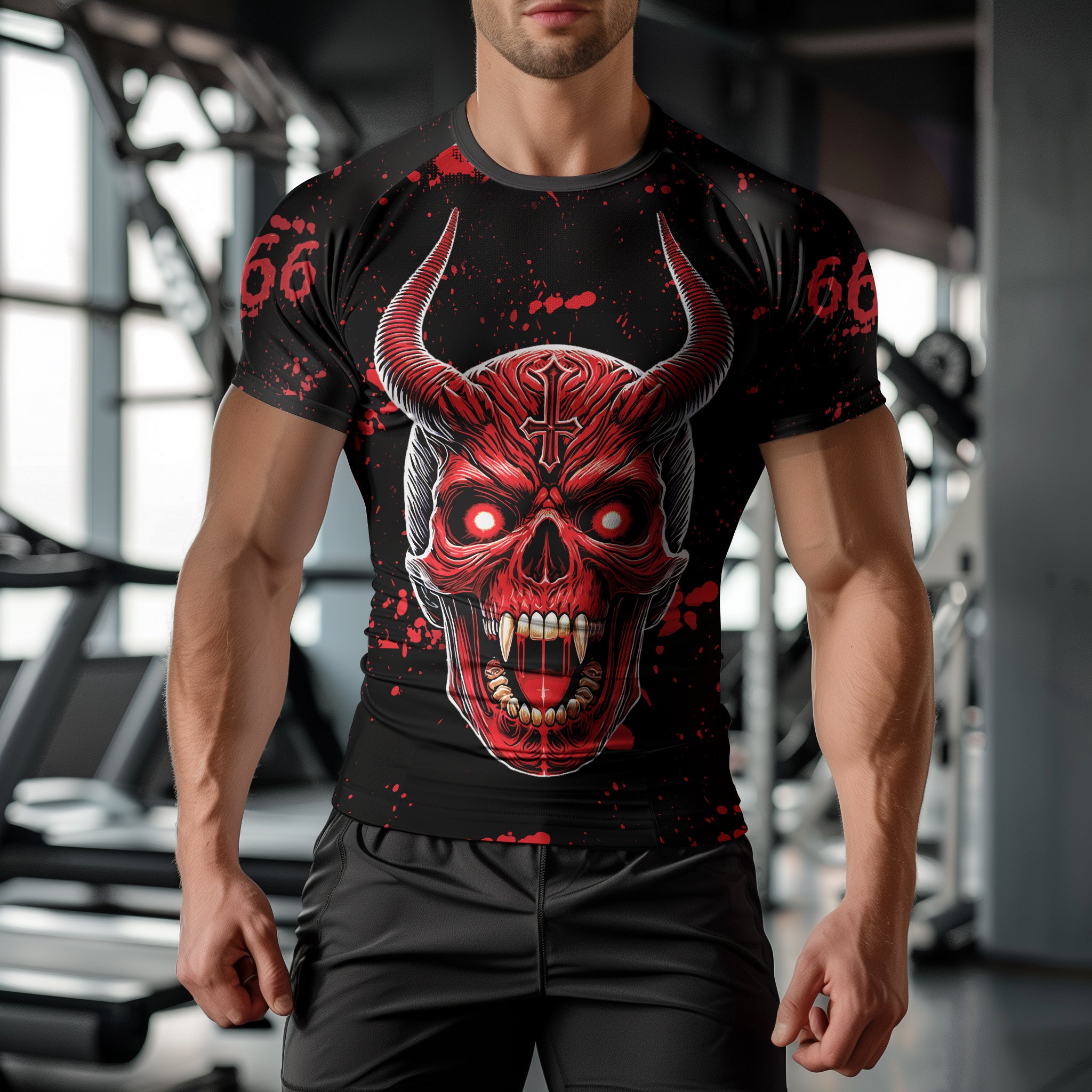 Satanic Compression Shirt Rash Guard with 666 and Inverted Cross 11380