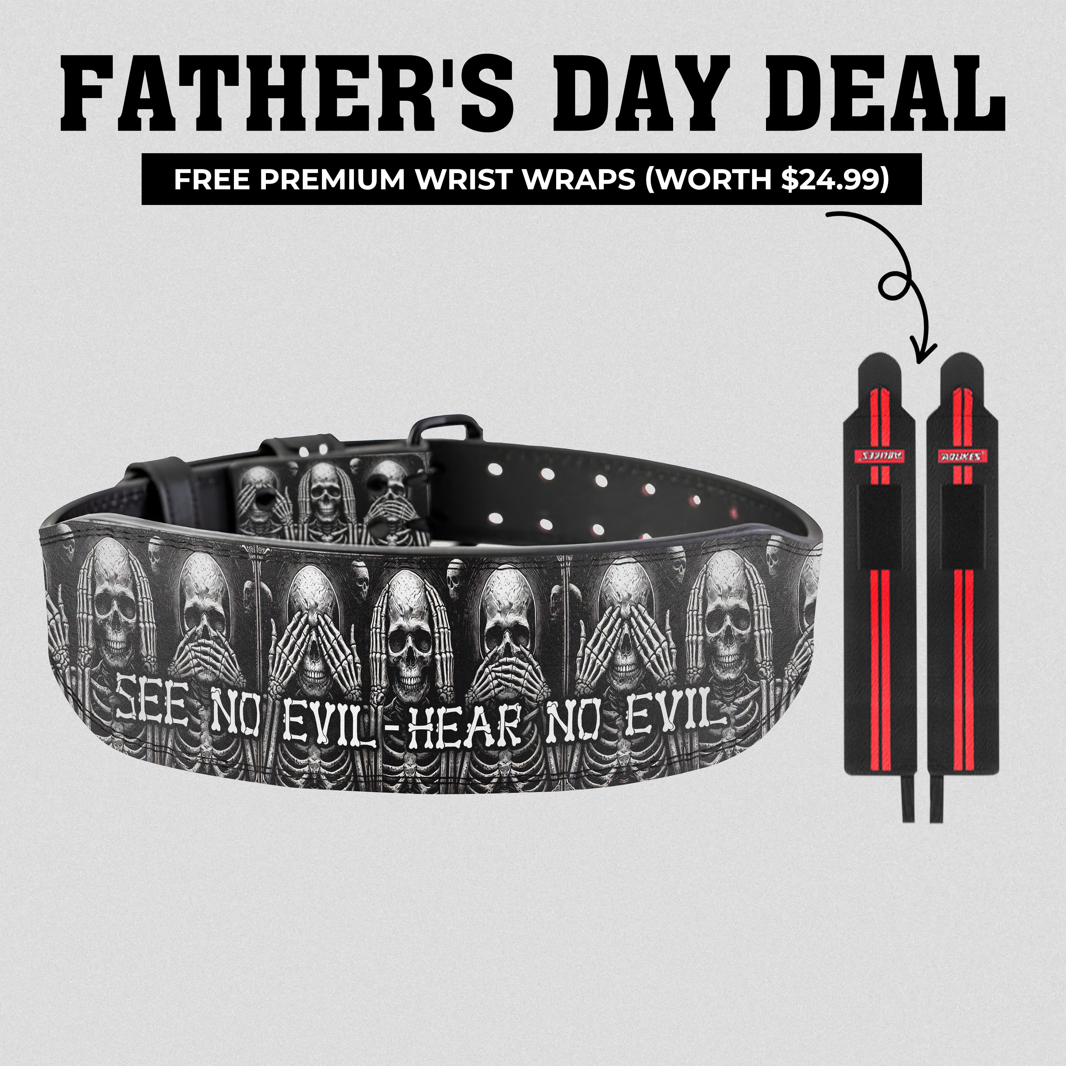 See No Evil Hear No Evil Lifting Belt – Skull Prong Buckle Belt 11397