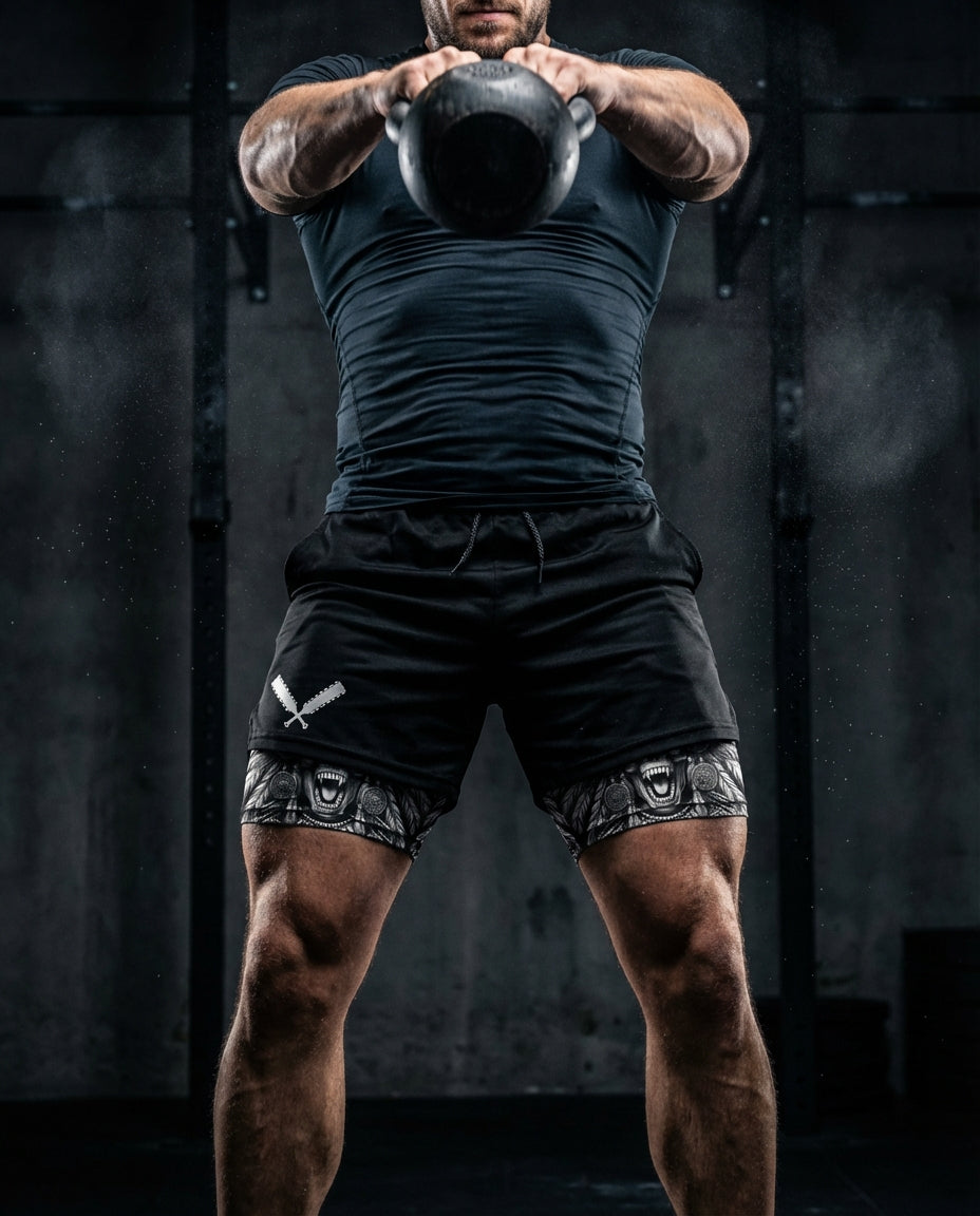Person lifting a kettlebell in a gym setting
