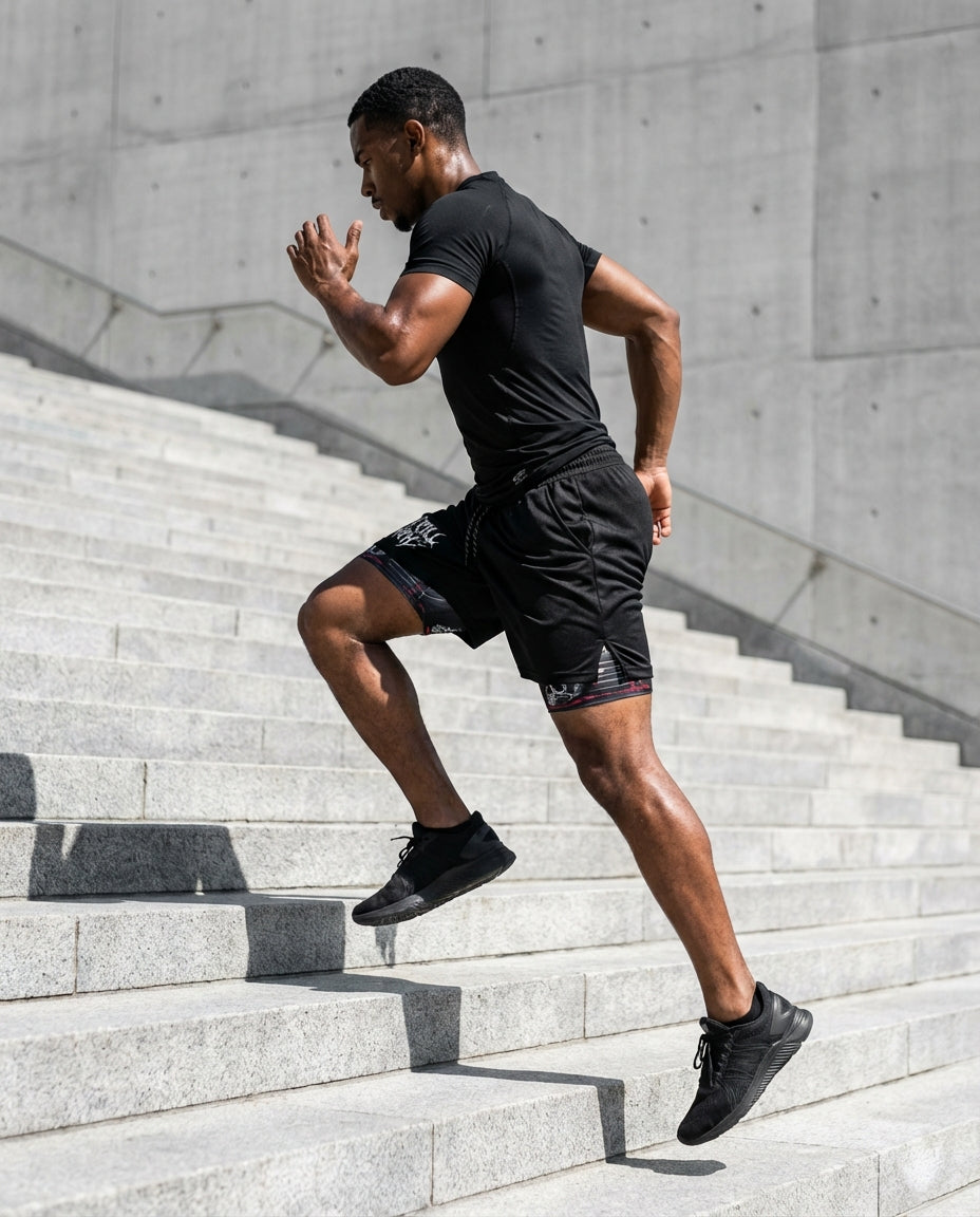 Man running up a set of stairs in an urban setting