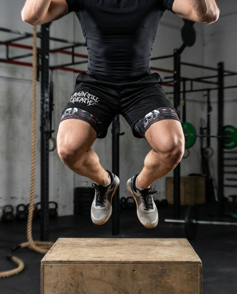 Person performing a box jump in a gym setting