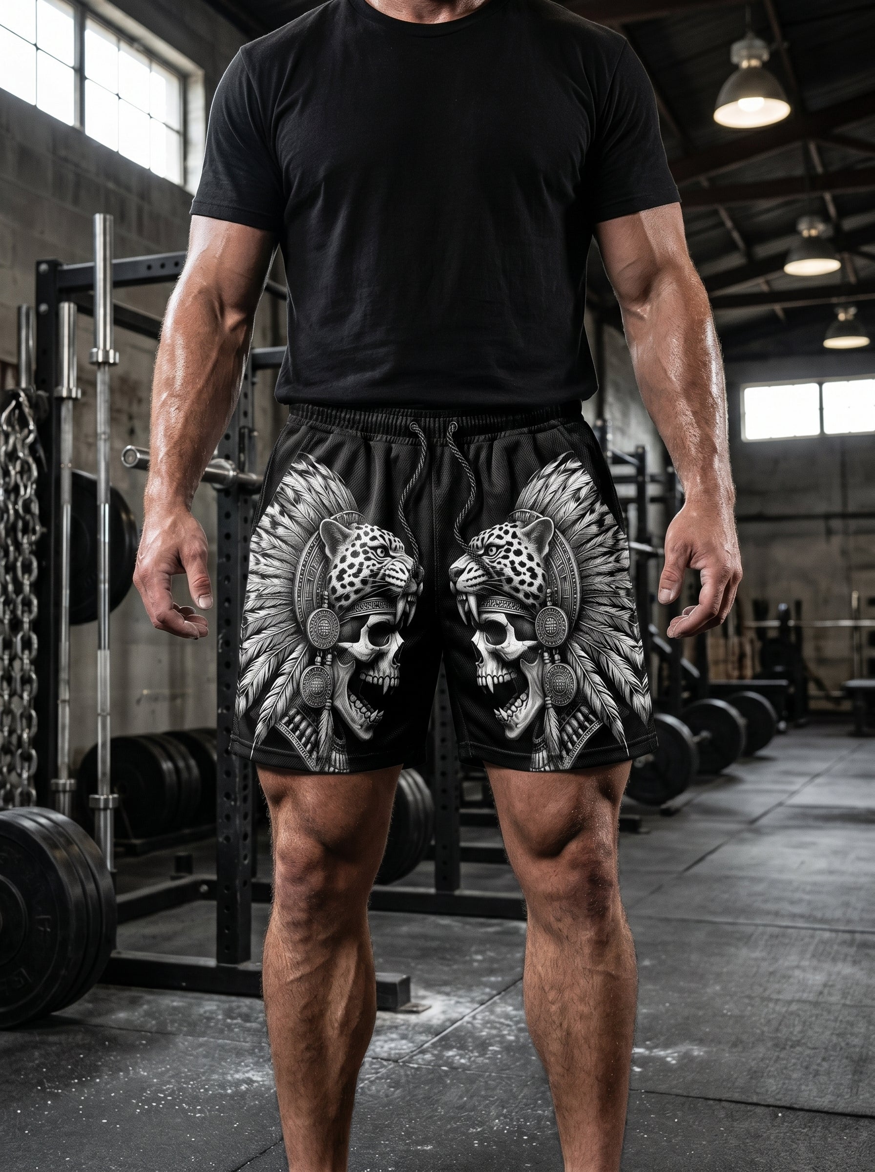 Aztec Jaguar Skull Men's Gym Shorts 11546