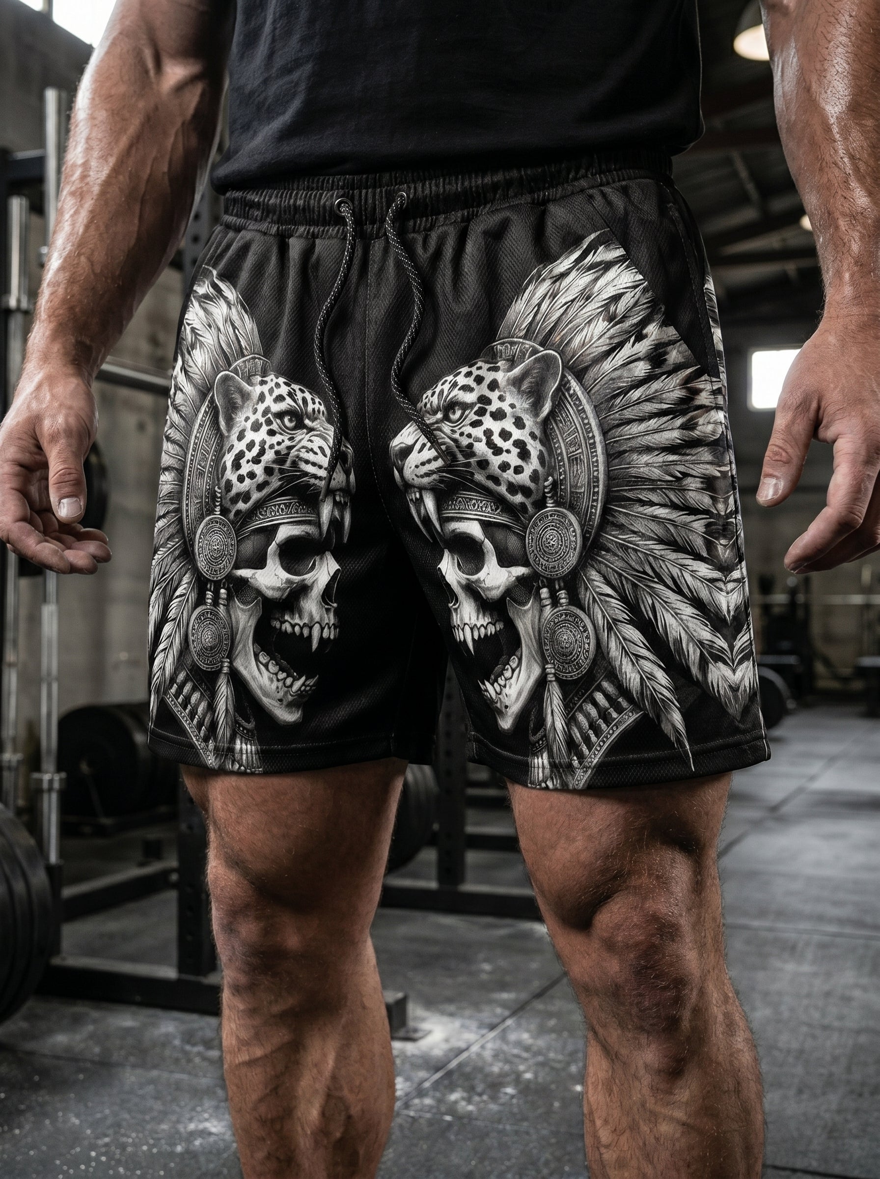 Aztec Jaguar Skull Men's Gym Shorts 11546