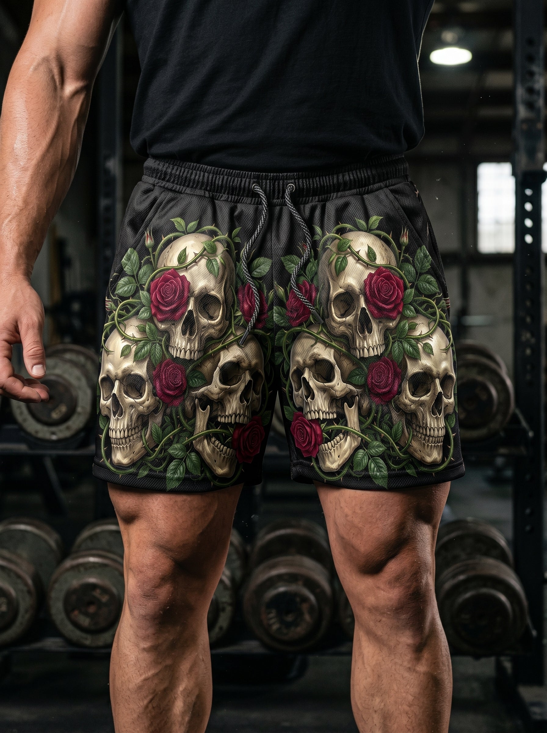 Three Wise Floral Skulls Gym Shorts 11547