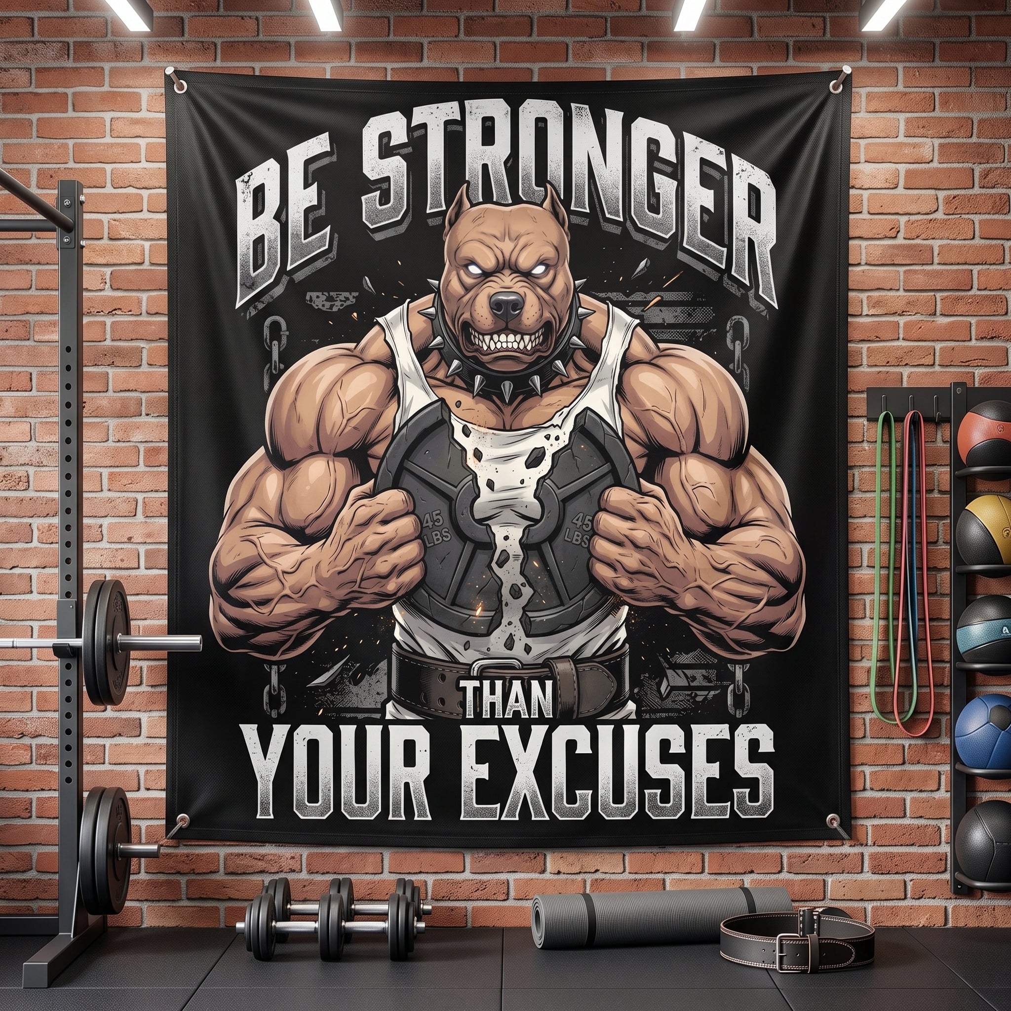 Stronger Than Excuses Pitbull Motivational Gym Banner 11552