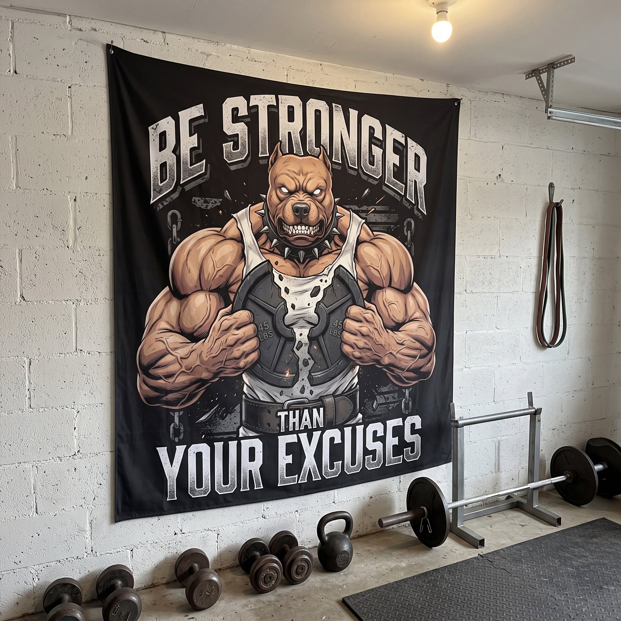 Stronger Than Excuses Pitbull Motivational Gym Banner 11552