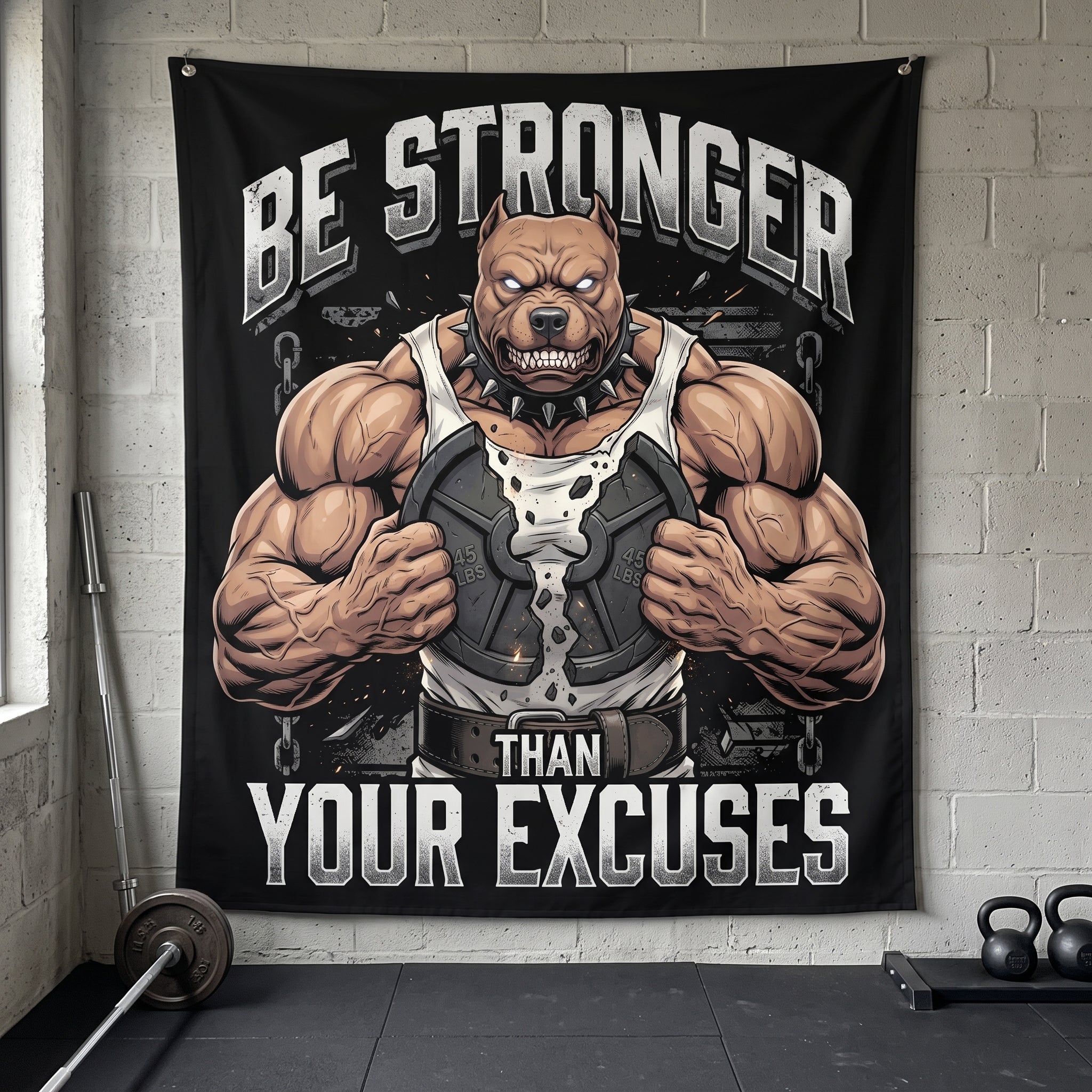 Stronger Than Excuses Pitbull Motivational Gym Banner 11552
