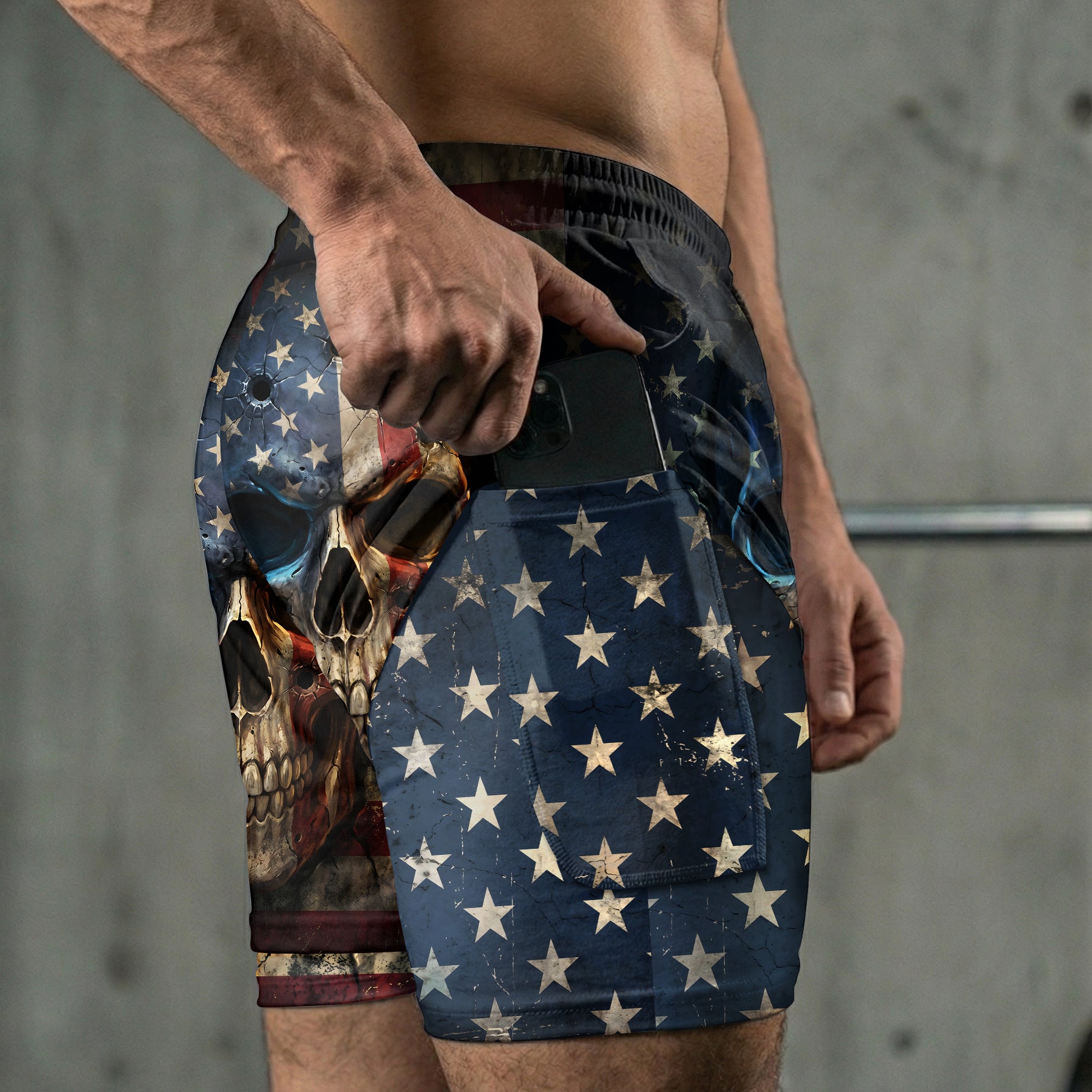 Bullet Riddled American Flag Skull Men's 2 in 1 Gym Shorts 11570