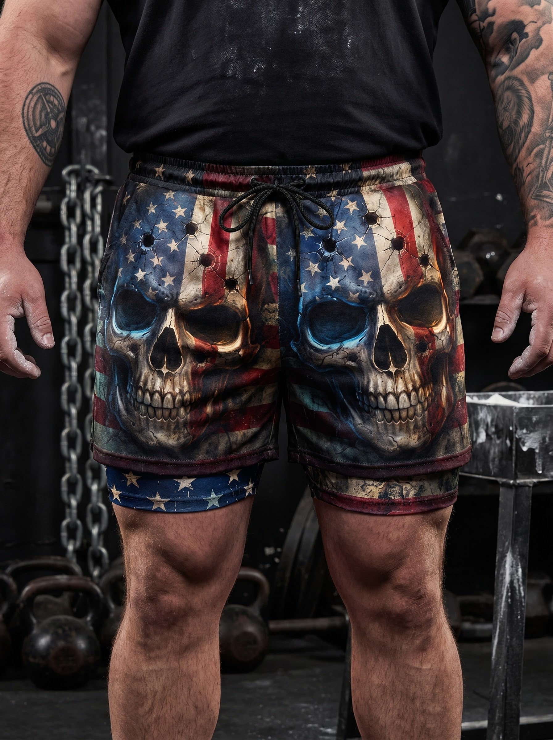 Bullet Riddled American Flag Skull Men's 2 in 1 Gym Shorts