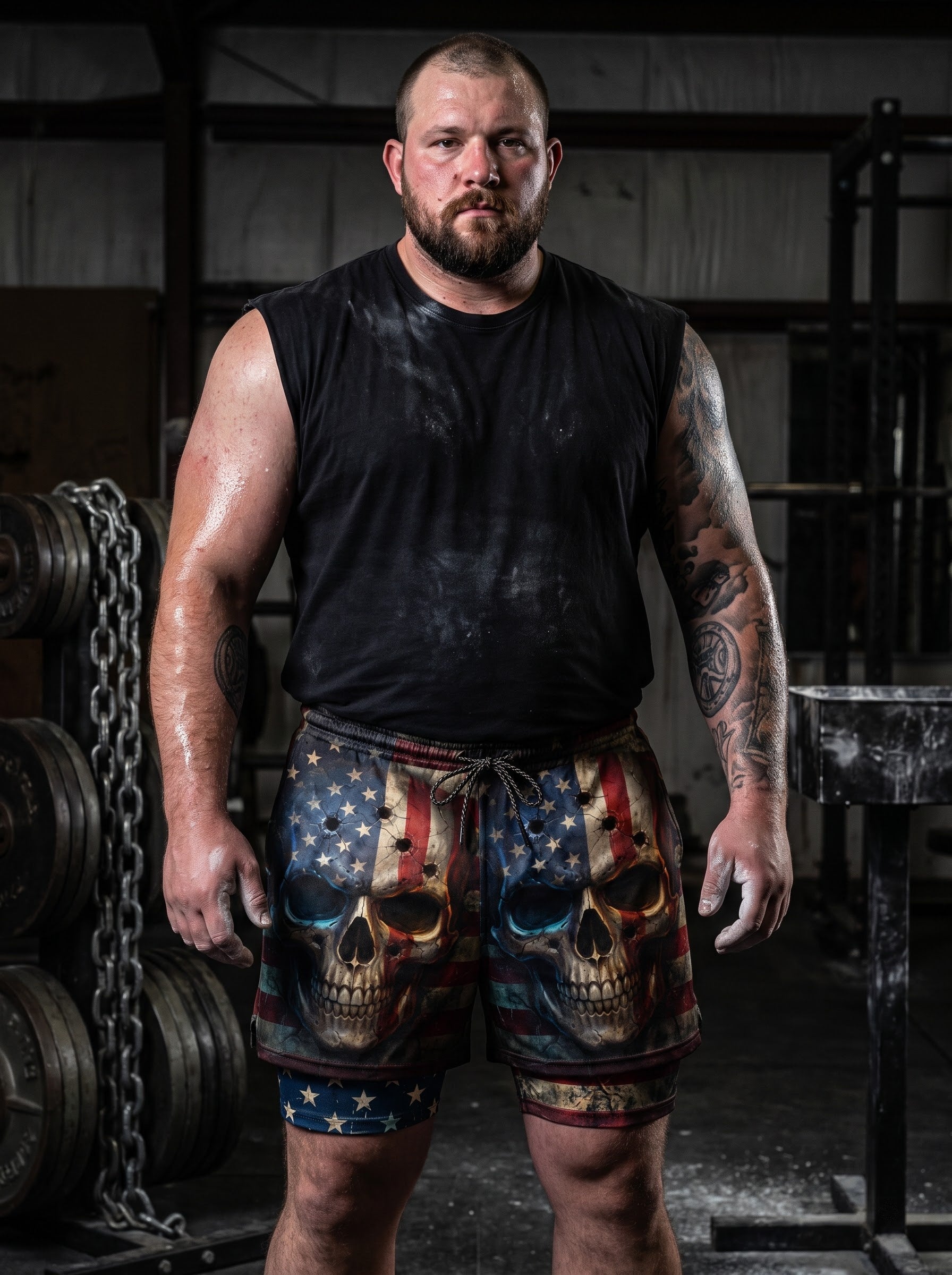Bullet Riddled American Flag Skull Men's 2 in 1 Gym Shorts