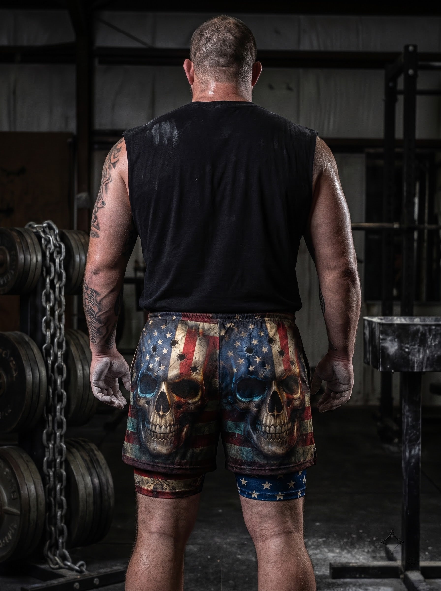 Bullet Riddled American Flag Skull Men's 2 in 1 Gym Shorts