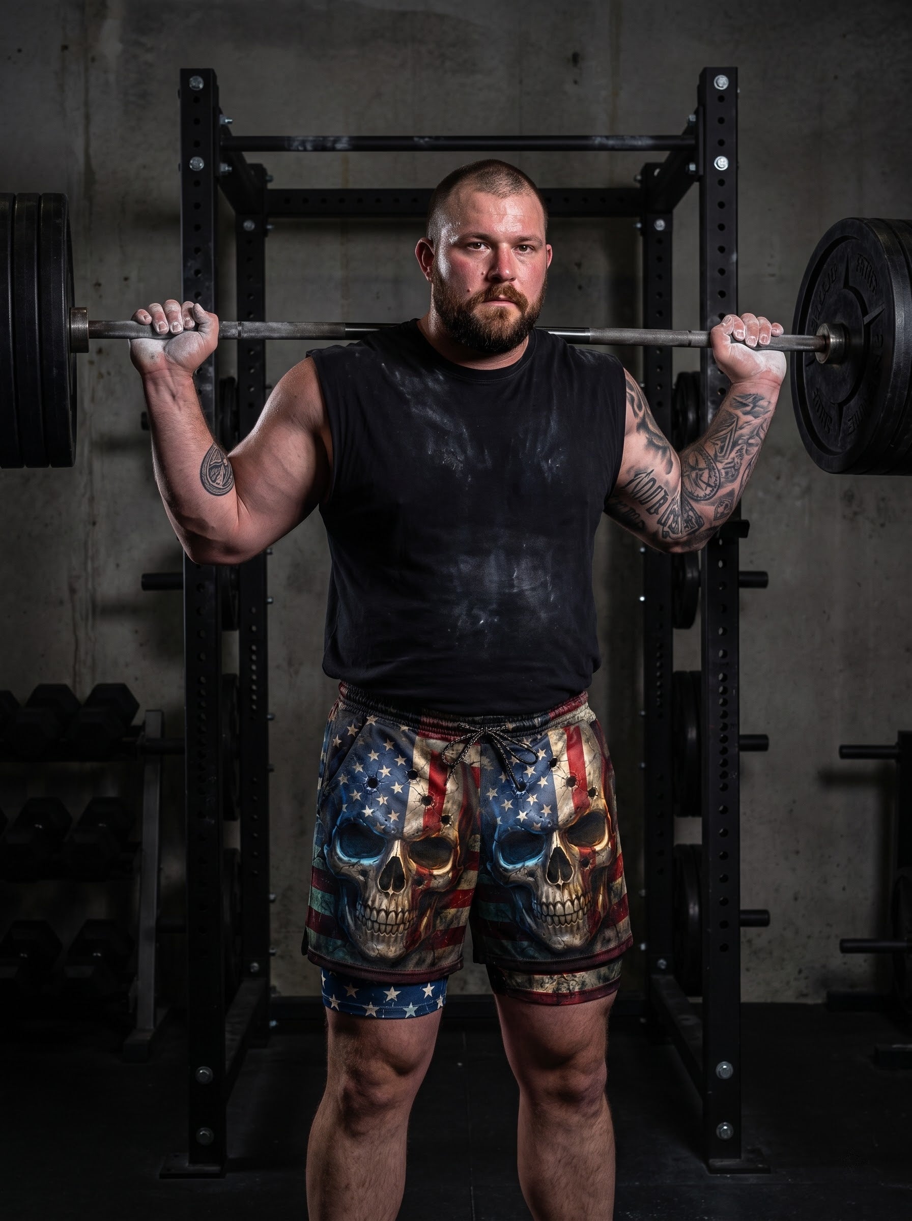 Bullet Riddled American Flag Skull Men's 2 in 1 Gym Shorts