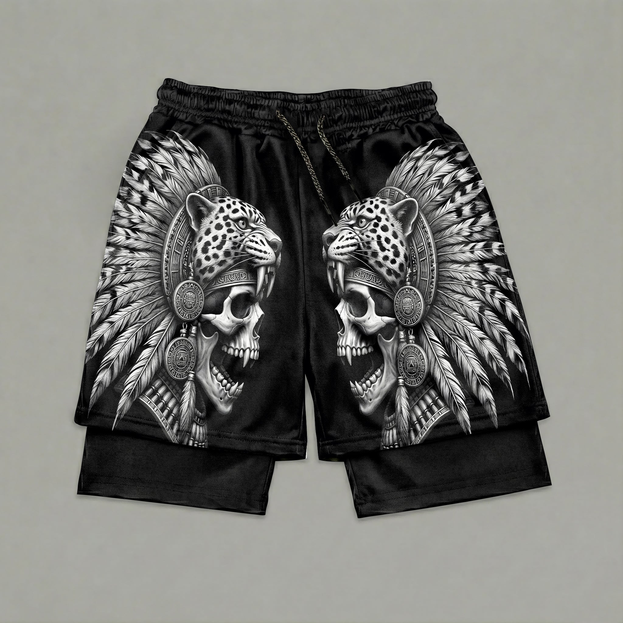 Roaring Jaguar Knight Aztec Skull Men's 2 in 1 Gym Shorts 11571