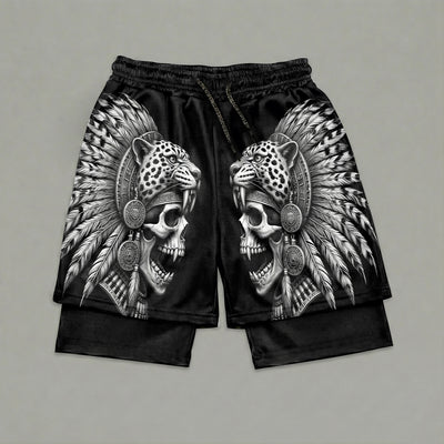 Roaring Jaguar Knight Aztec Skull Men's 2 in 1 Gym Shorts 11571
